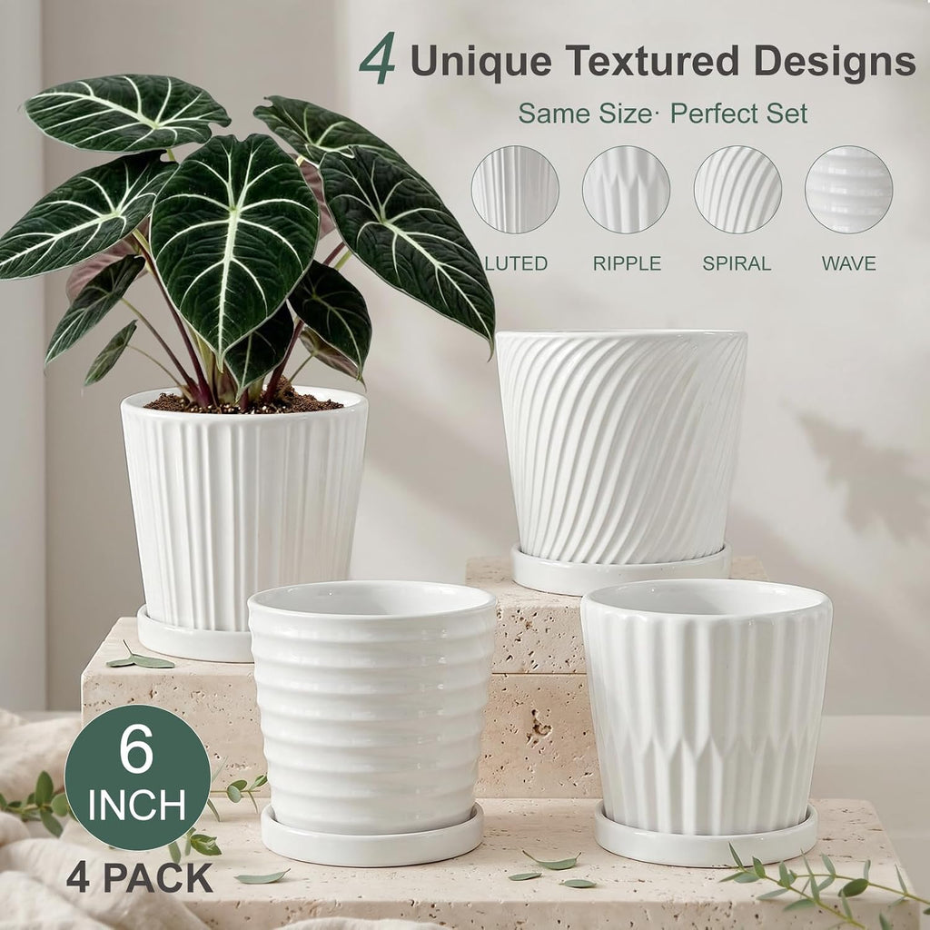 White 6 Inch Flower Pots for Plants,Ceramic Planter with Drainage Holes | 4 Pack Indoor & Outdoor Plant Pots with
