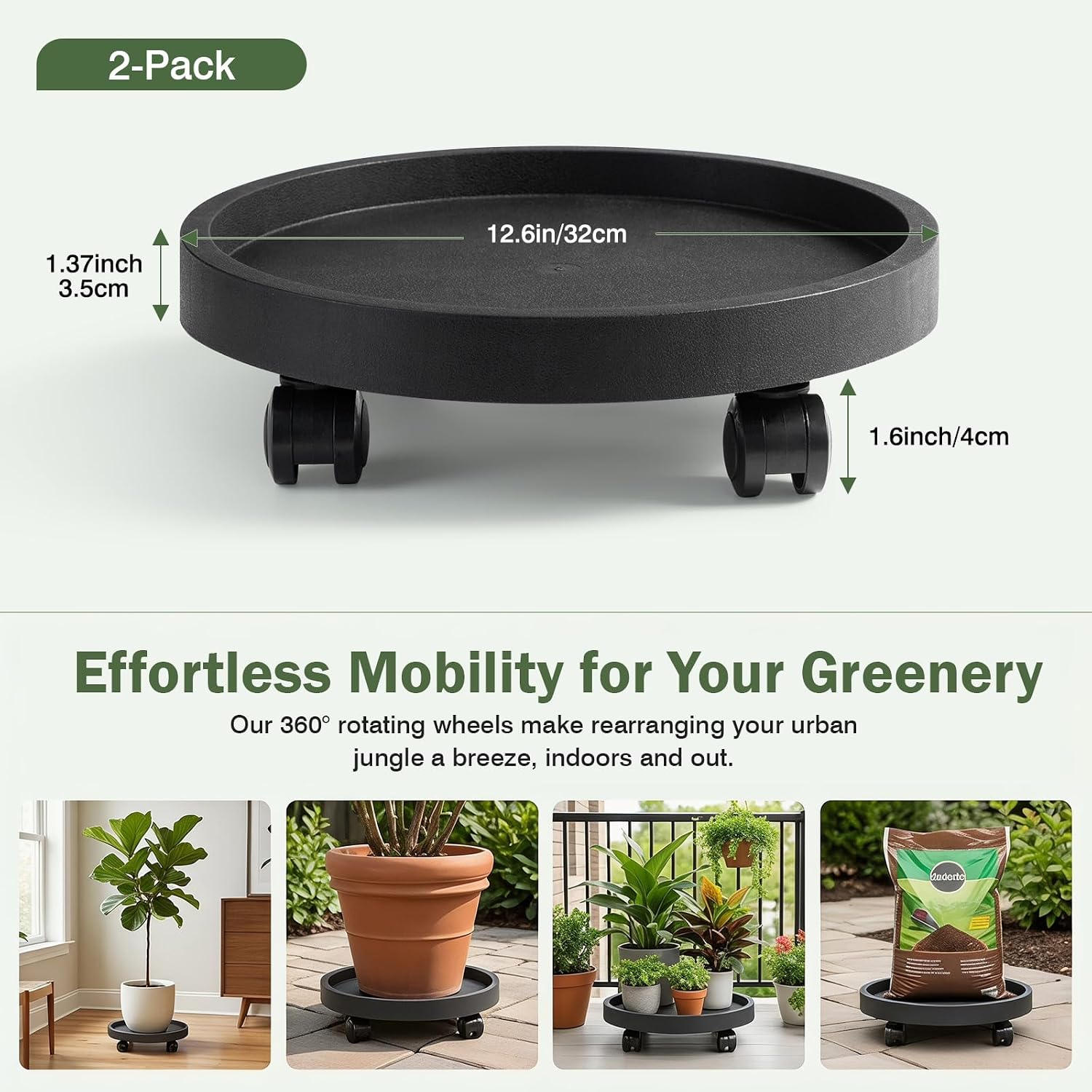 2 Pack Plant Caddy with Wheels, 12.6 inch Rolling Plant Stands | Round Plant Stand Dolly for Outdoor Indoor Heavy