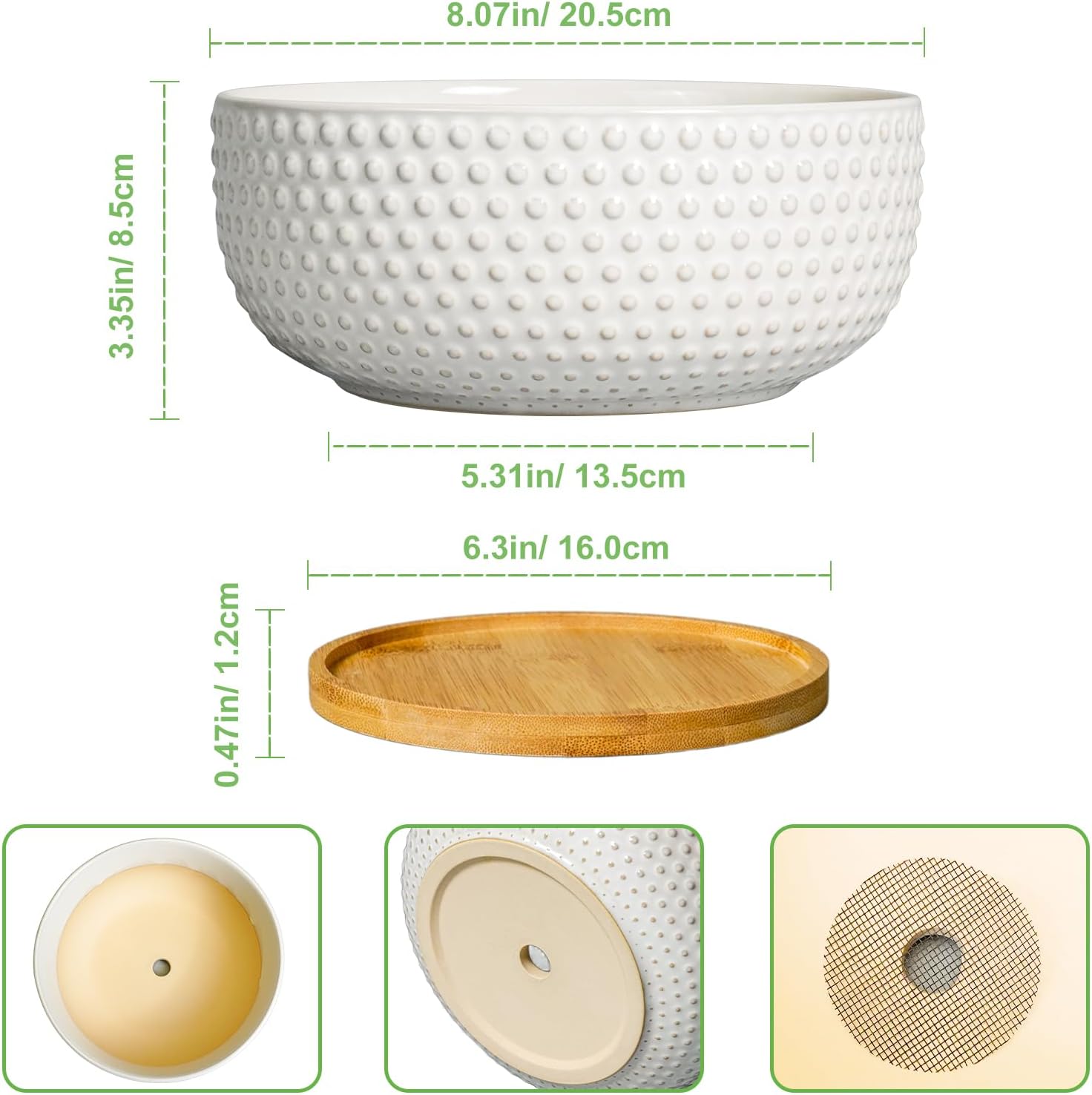 Succulent Pots 8 Inch - Ceramic Bonsai Planters for Indoor Plants, Plant Pot with Drainage Hole and Saucer, Shallow