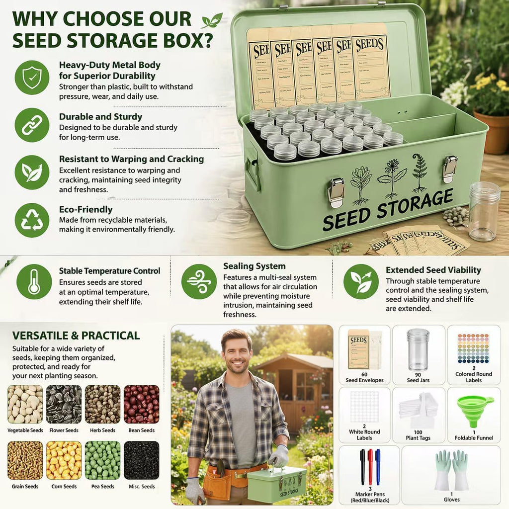 Metal Seed Storage Box Organizer with 3 Compartments, Safety Lock Lid Bin Seed Bottles Envelopes, Plant Labels