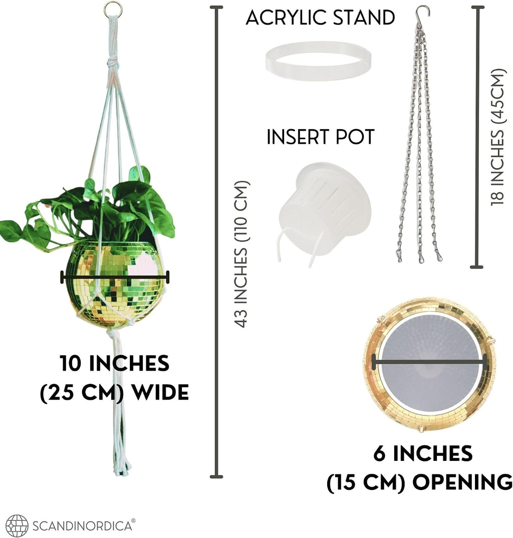 Disco Ball Planter – Value Package: Mirror Disco Planter with Chain, Macrame Hanger and Acrylic Stand for Desk