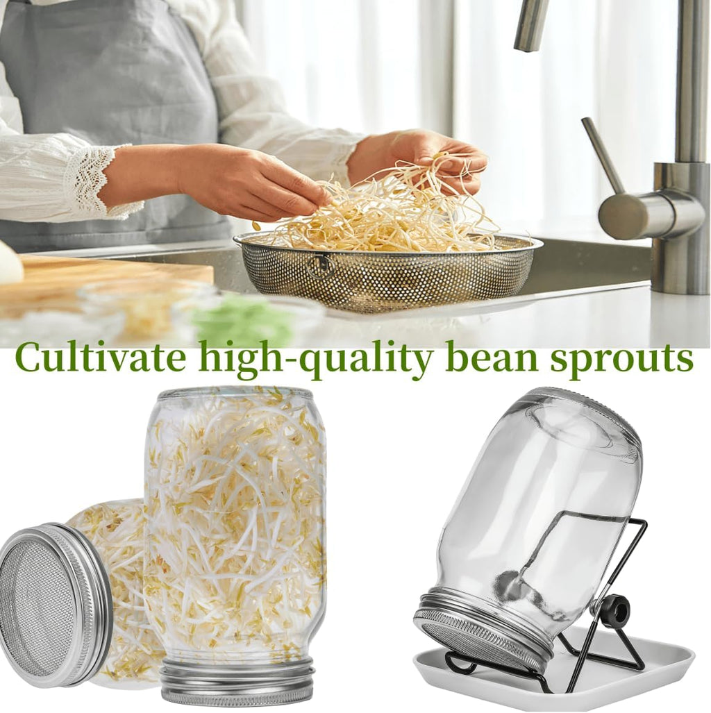 Lulonpon 4 Sprouting Jar Kit, Wide Mouth Quart Mason Jars with Stainless Steel Screen Sprout Lids