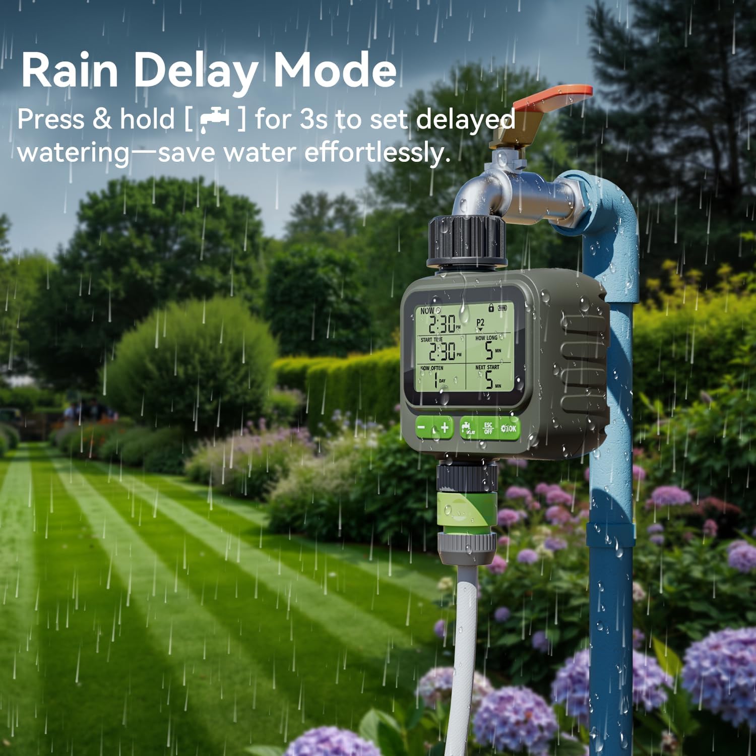 Sprinkler Timer for Garden Hose, Programmable Water Timer with 4 Custom Plans, Rain Delay & 2-Way Splitter, Digital