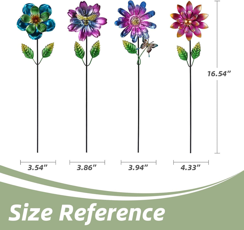 Calenzana Metal Flower Garden Stakes for Outside, 4 Pack Flower Garden Decor with Shaking Head for Yard Porch Lawn