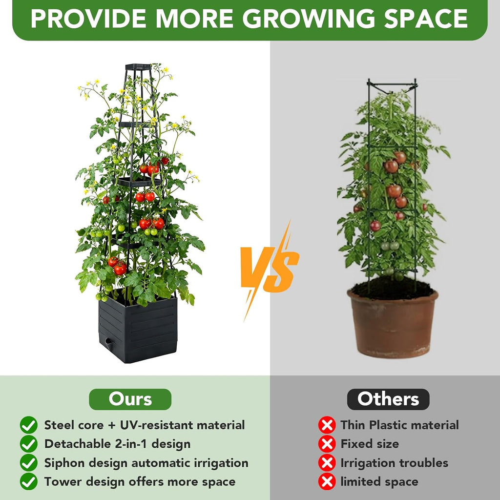2 Pack Raised Garden Bed Planter Box with Trellis, 57'' Self Watering Tomato Planters for Climbing Plants, Tomato Cage