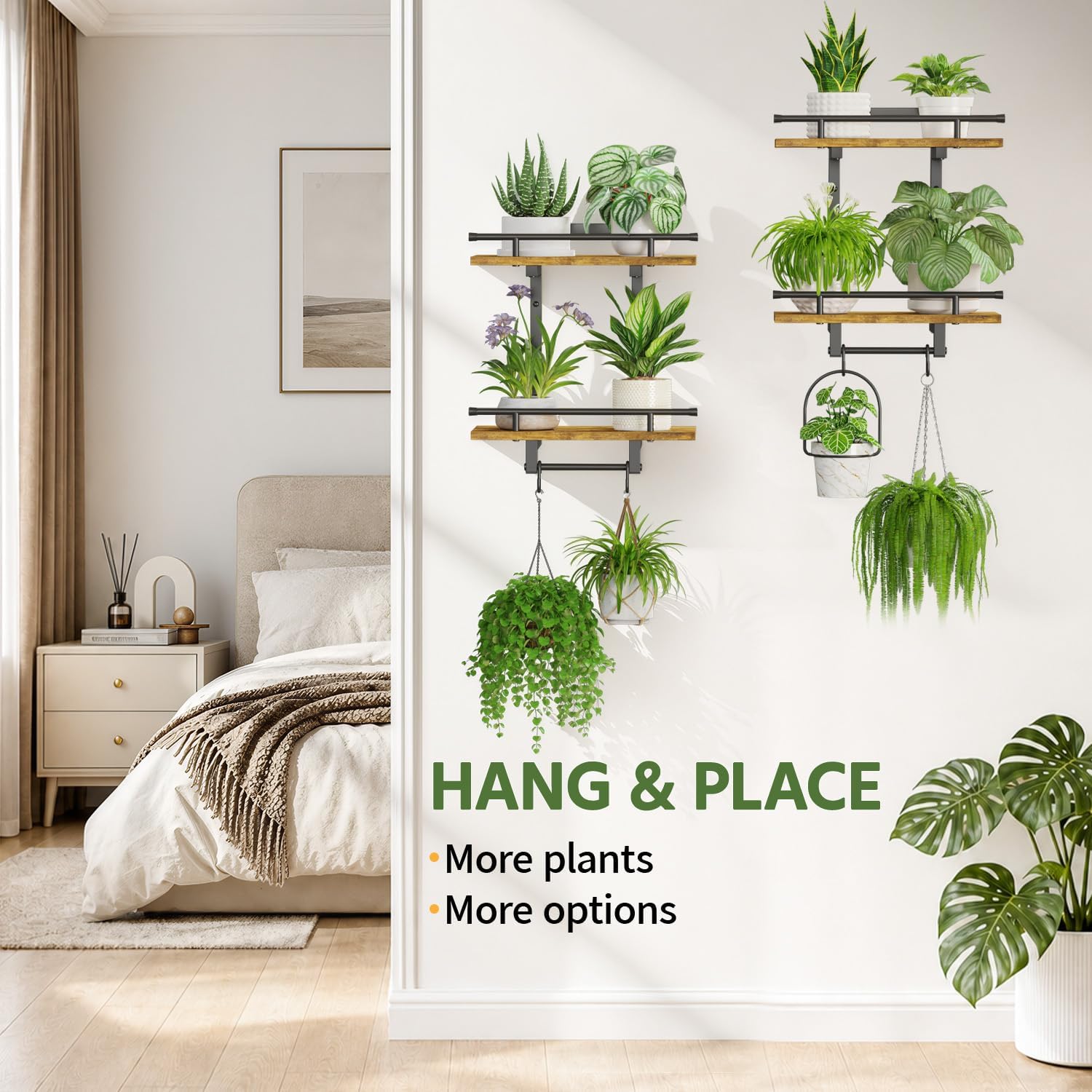 LASZOLA Floating Plant Shelves Holder Wall Mounted Indoor, 2 Pack Brown | 2 Tier Window Hangers Stand with Hooks, Metal