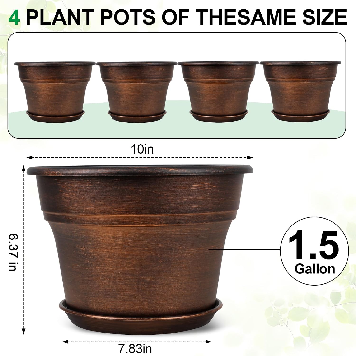 Fodetyff 10 Inch Planters Plant Pots Indoor Outdoor, 4 Pack Plastic Flower Pot for Indoor Plants with Drainage Holes &