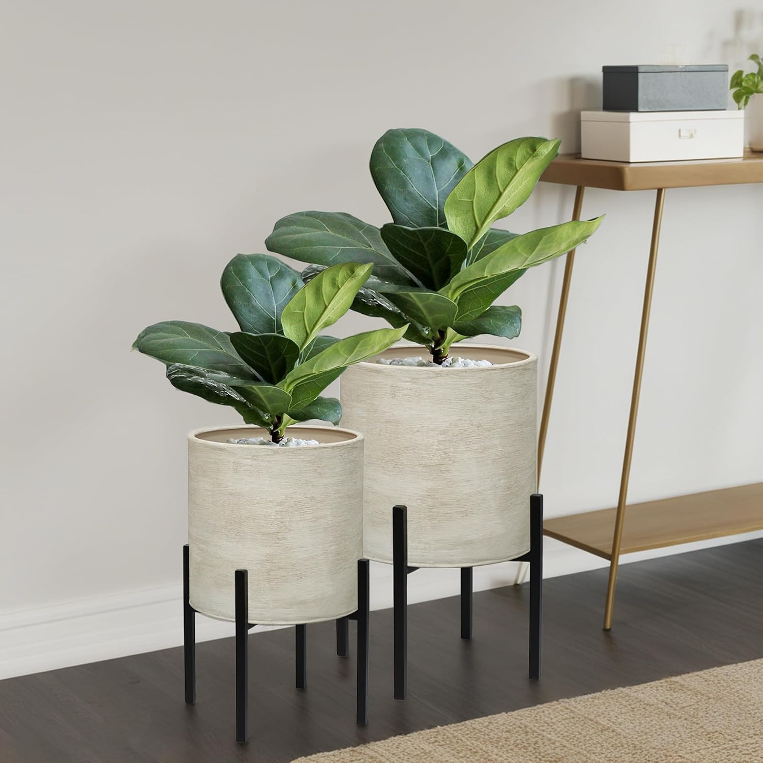 ARNIS Modern Plant Pots, Set of 2 Large Planters with Stand, Decorative Planters, Metal Pots with Drainage Holes for