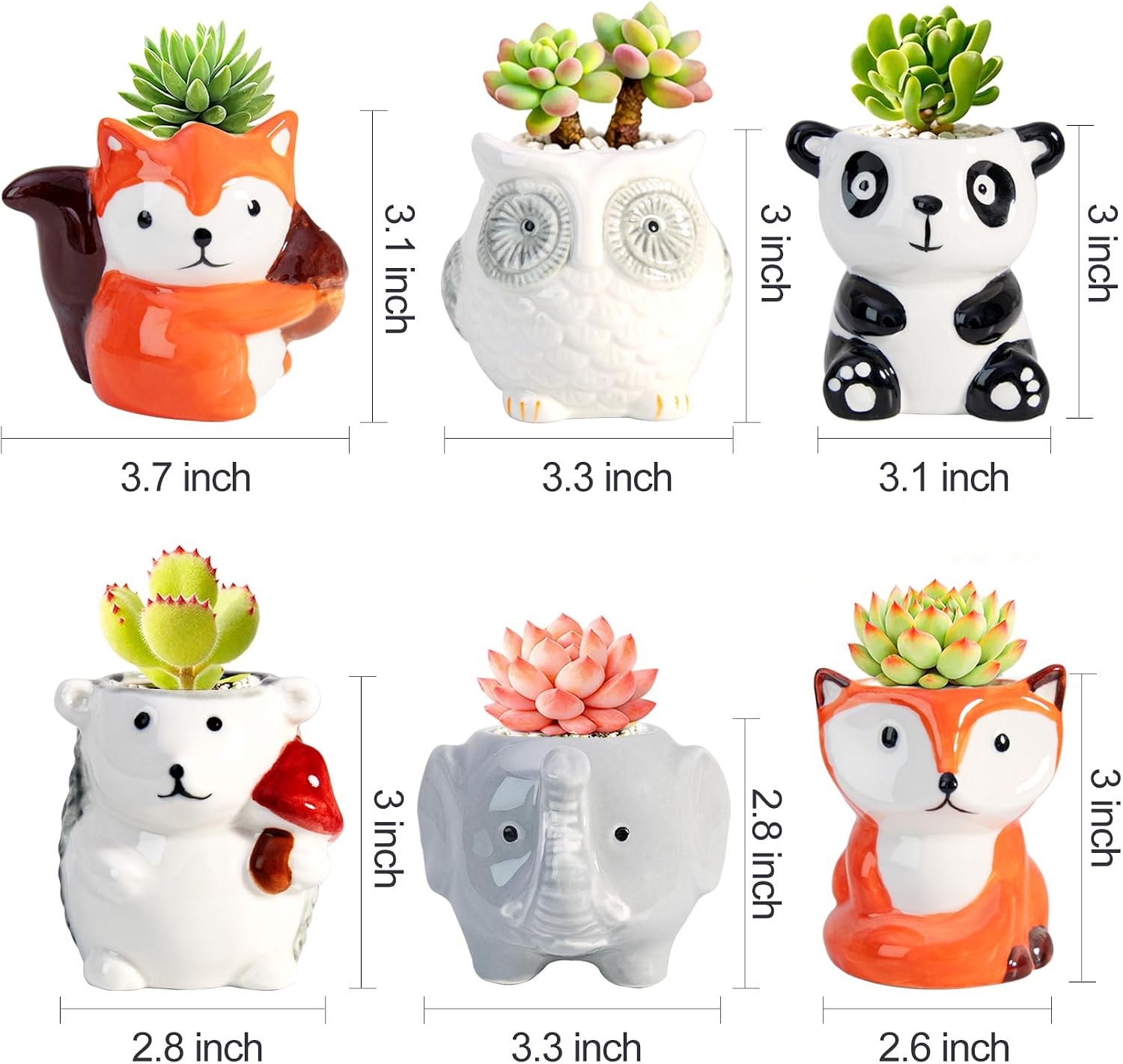 6 Pack Cute Cartoon Succulent Planters with Drainage - Small Animal Cactus Pots - Tiny Ceramic Flower Pots for Air