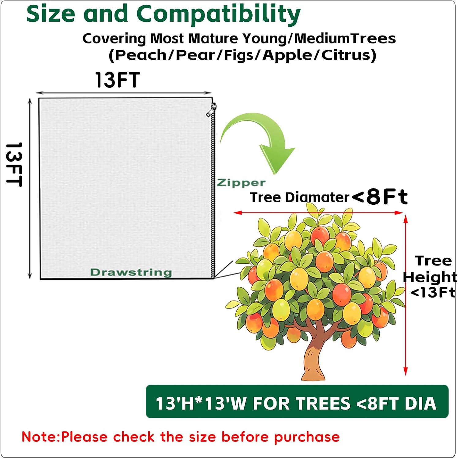 13x13Ft Large Fruit Tree Netting Cover Zipper Drawstring Garden Pest Mesh | UV-resistant polyethylene mesh, blocks