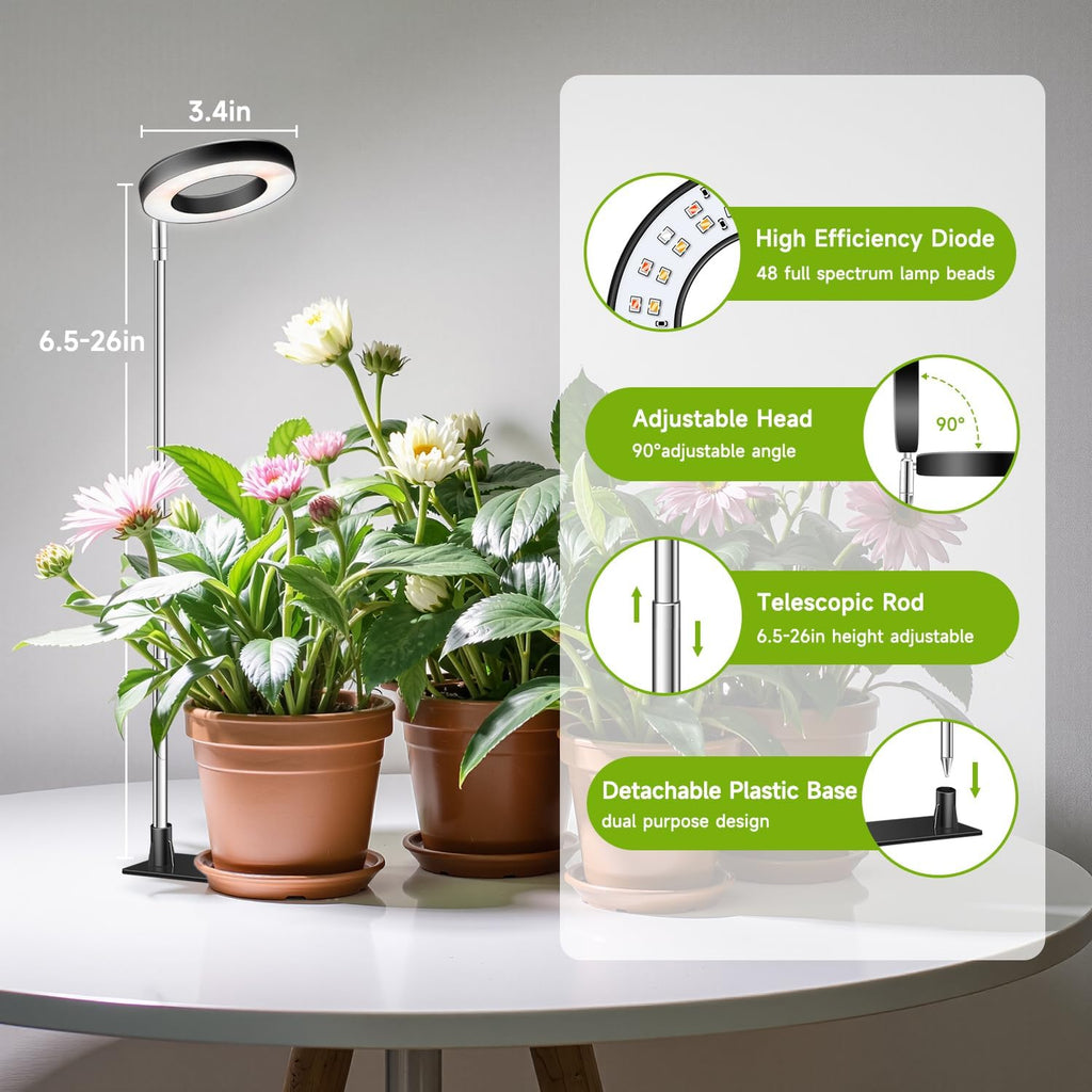 Kullsinss 3.5in Halo Plant Lights for Indoor Growing, 48 LEDs Full Spectrum | Black Grow Light with Base, 6/12/16H