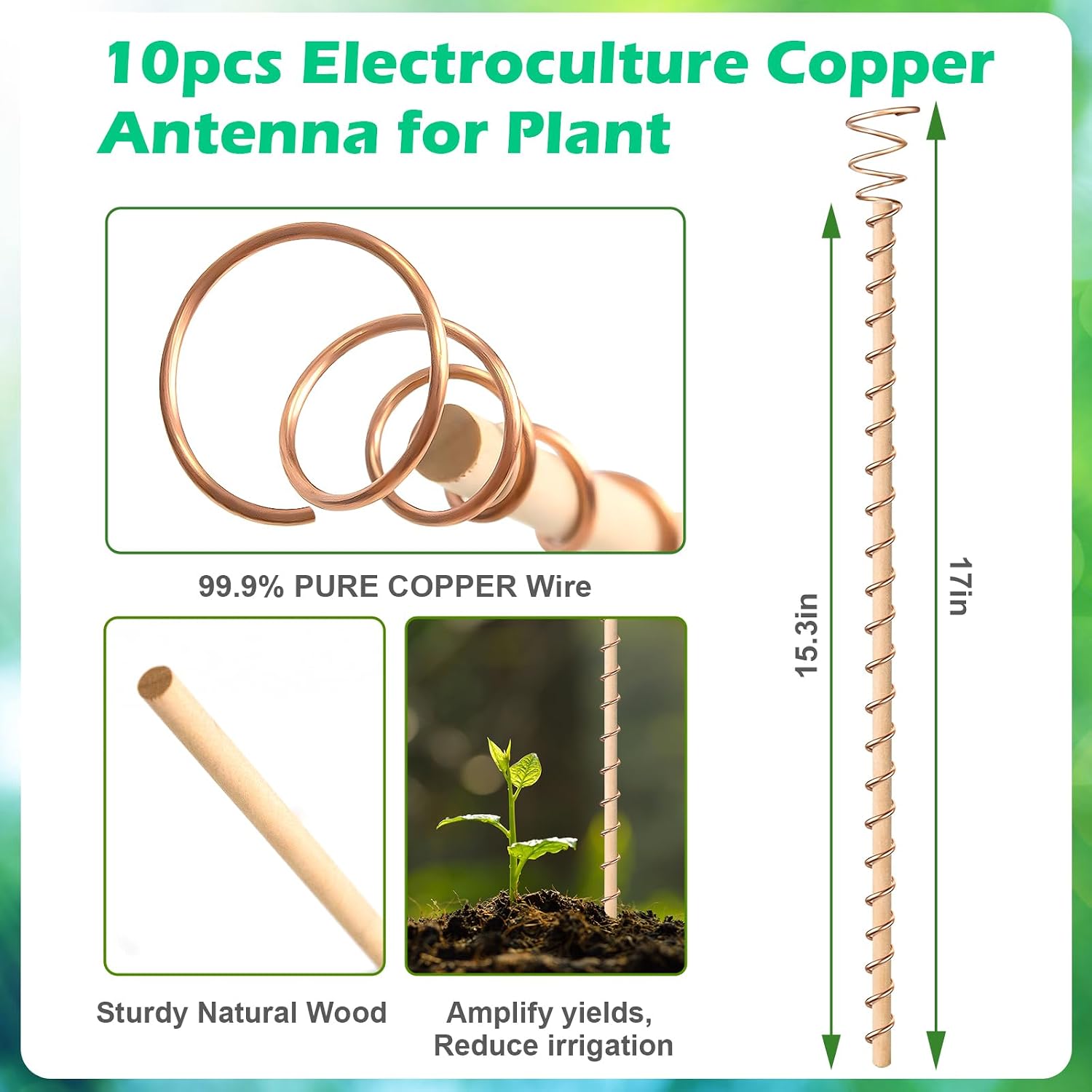 10pcs Electroculture Plant Stakes, 17'' Copper Coil Wire Antennas, Garden Stakes, Tensor Rings Kit, Copper Rods
