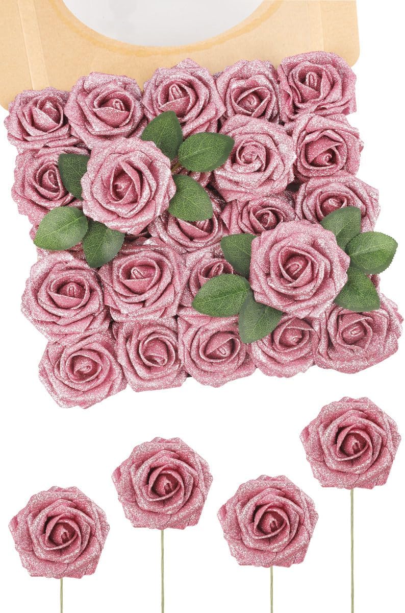 30PCS Pink Glitter Artificial Roses with Stems, Real Touch Foam Flowers