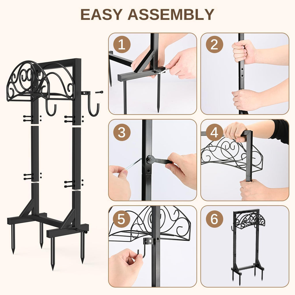 Freestanding Garden Hose Stand, Heavy Duty Water Hose Holder with Tool Hooks, 4 Anchoring Spikes, 150 ft Storage for