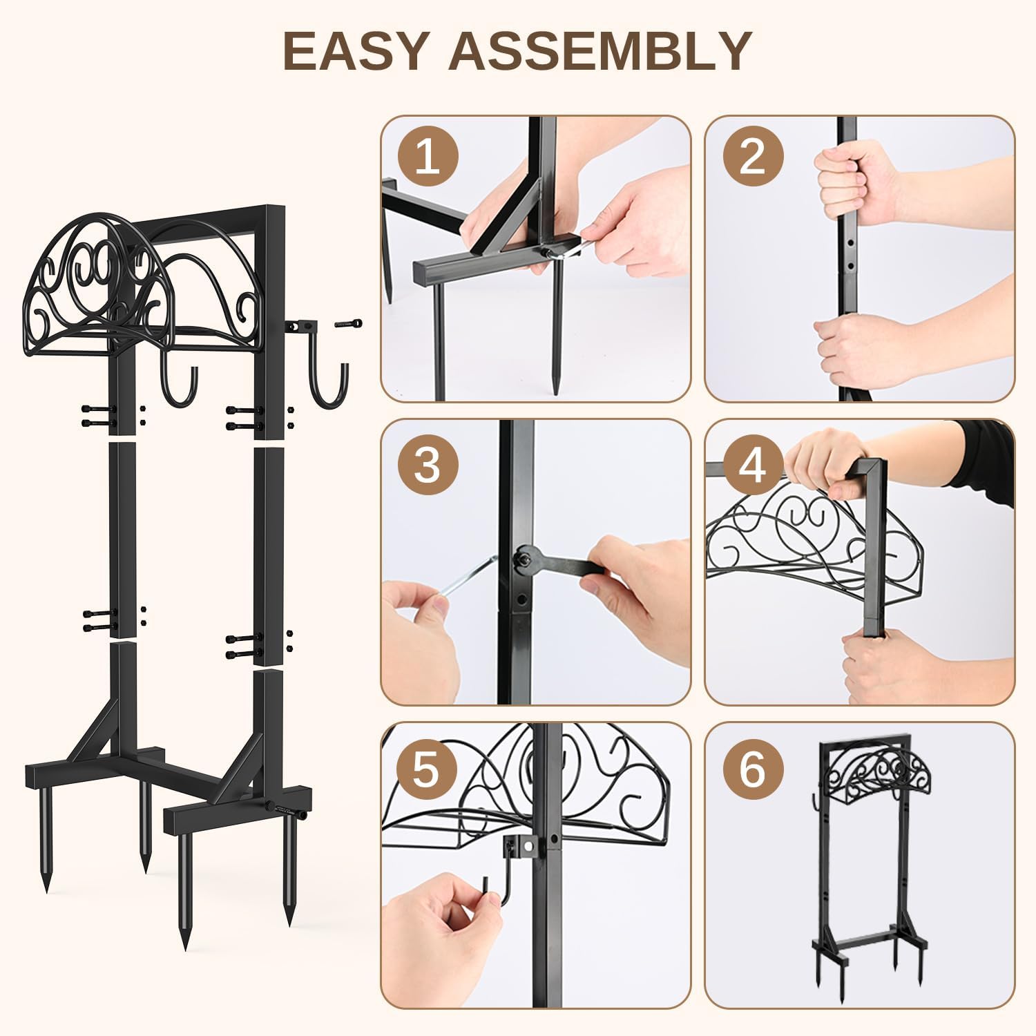 Freestanding Garden Hose Stand, Heavy Duty Water Hose Holder with Tool Hooks, 4 Anchoring Spikes, 150 ft Storage for