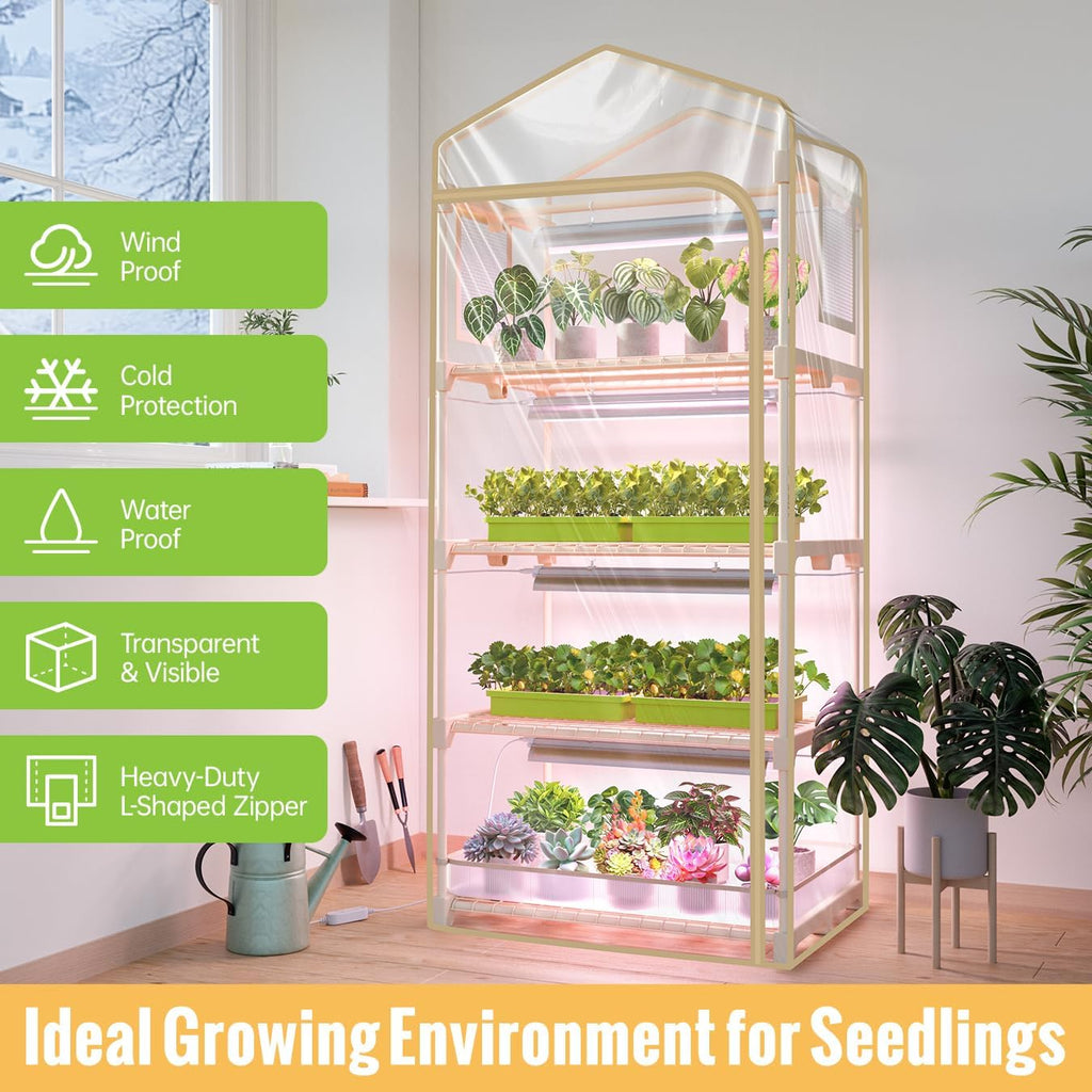 Indoor Greenhouse with Grow Light, 4-Tier Plant Shelf, 27x19x63in | 1.64FT T5 Grow Light for Seedlings, PVC Tent with