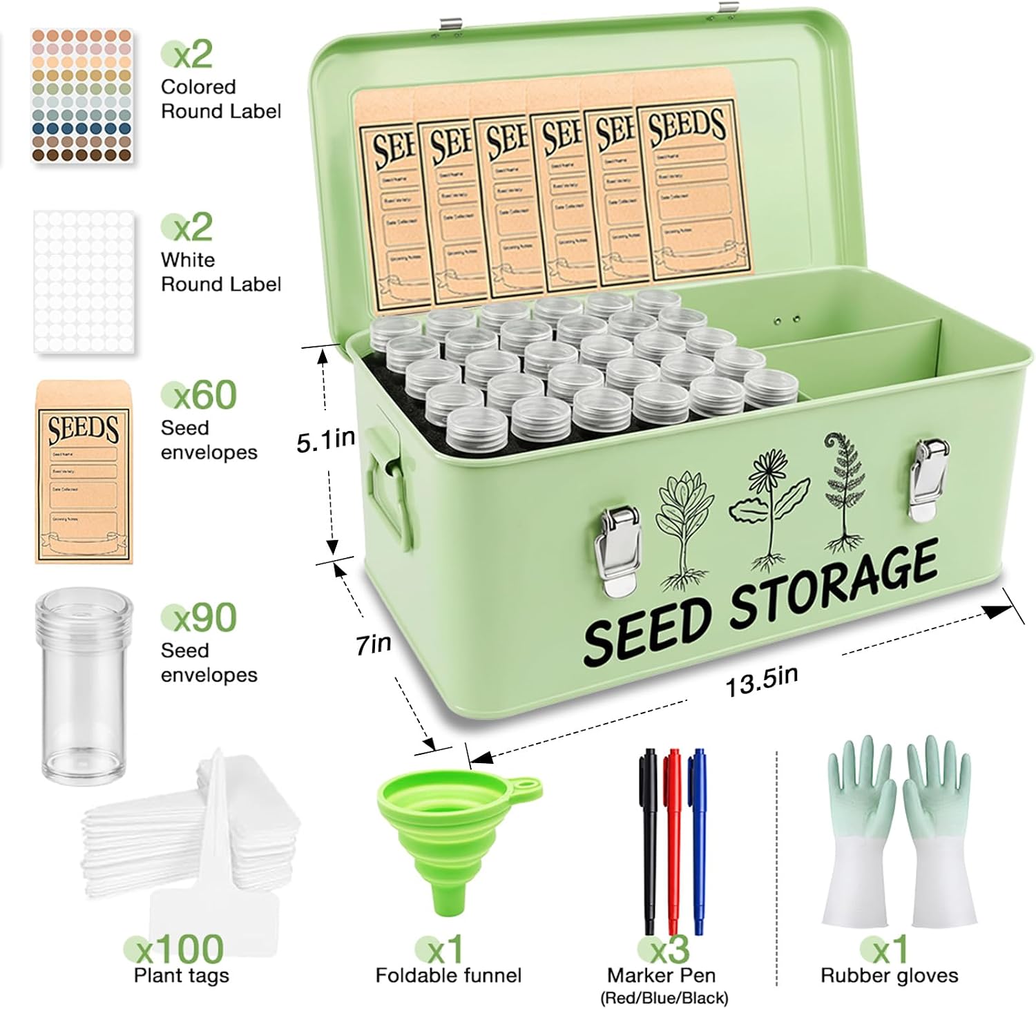 Metal Seed Storage Box Organizer with 3 Compartments, Safety Lock Lid Bin Seed Bottles Envelopes, Plant Labels