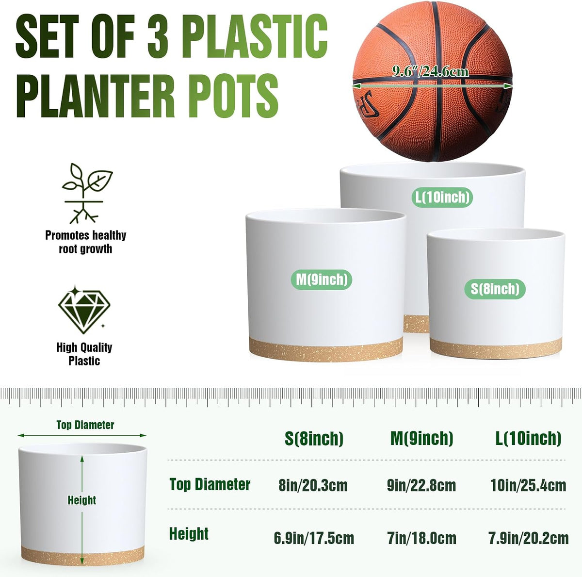 10/9/8 Inch Plant Pots 3 Pack, with Drainage Hole & Saucers | Cylindrical plastic planters with drainage holes &