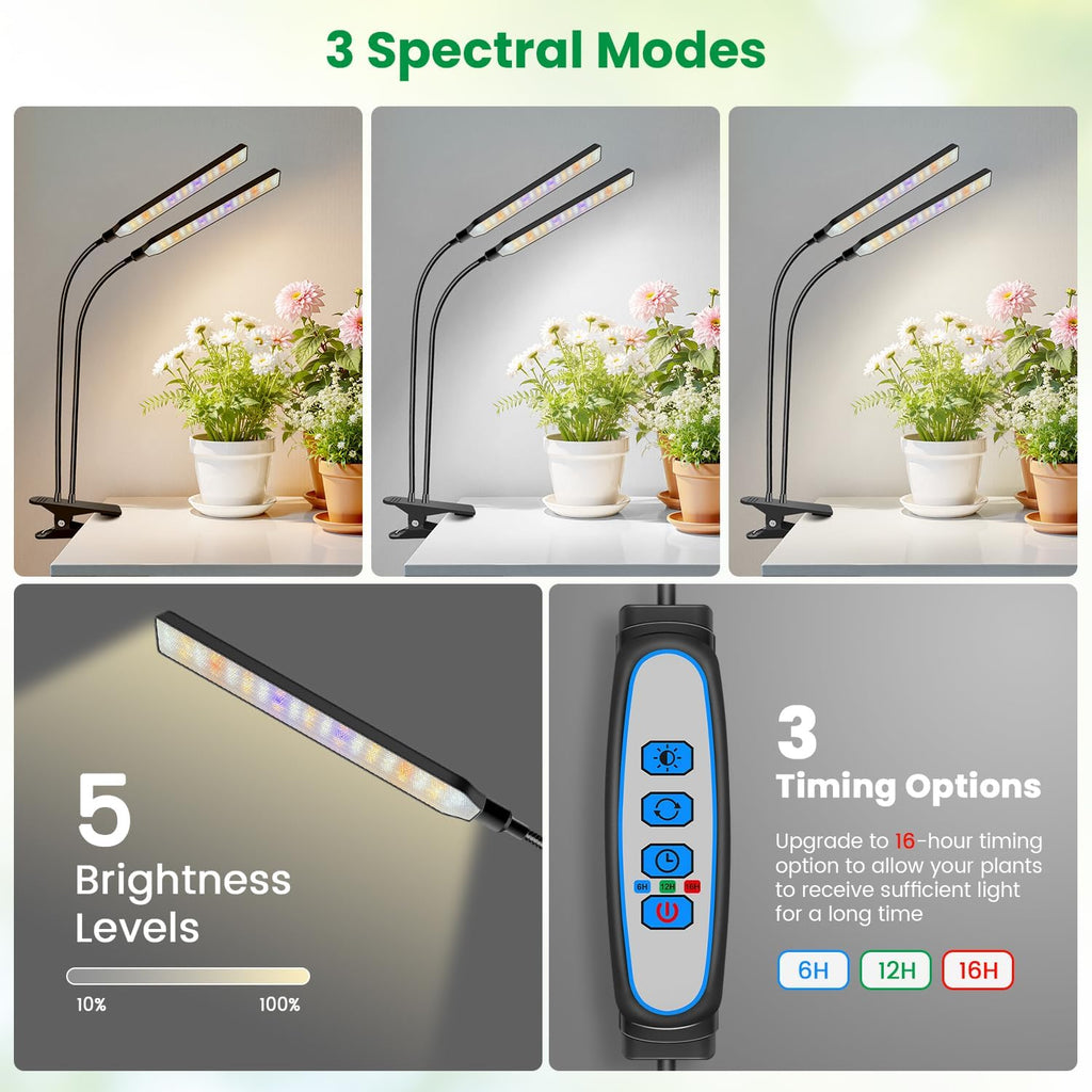 Aumtrly Grow Light Clip on, 2 Pack Black, 228 LED Full Spectrum Plant Lamp | for Seed Starting and Indoor Plants