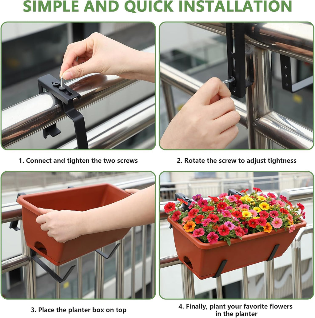 Railing Planter Box 4 Pack Window Boxes Planters with Adjustable Brackets | 17 Inch Rectangular Hanging Flower Pots