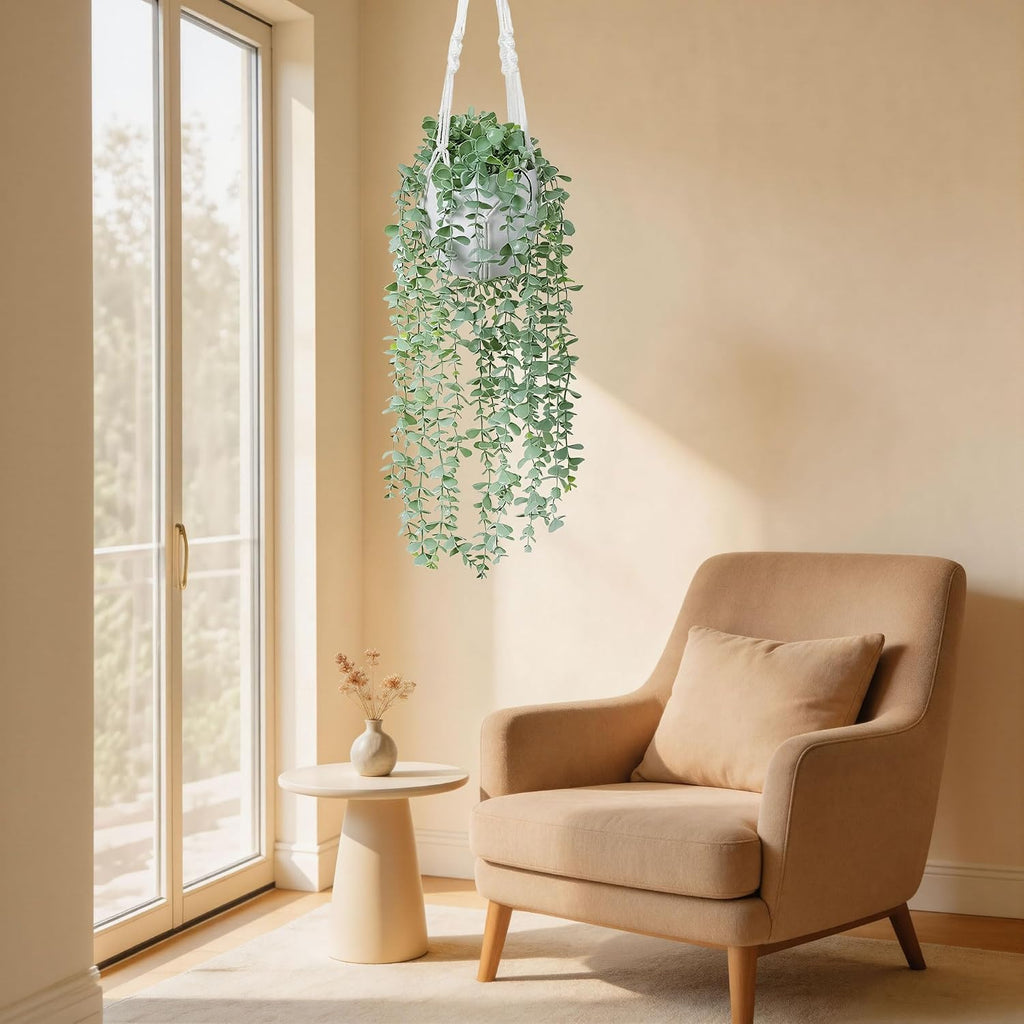 DREAMLOOM 2 Packs Fake Hanging Plants with Pots, Artificial Eucalyptus Hanging Plants with Macrame Hanger for Indoor
