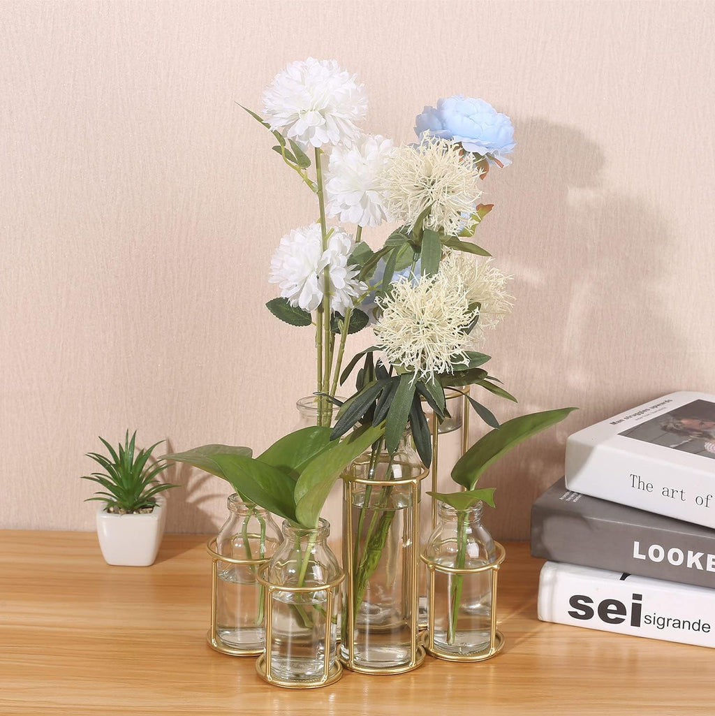 Flower Vases with 6 Bottle Crystal Clear Glass Flower Vase with Metal Stand Propagation Station Plant Display Holder