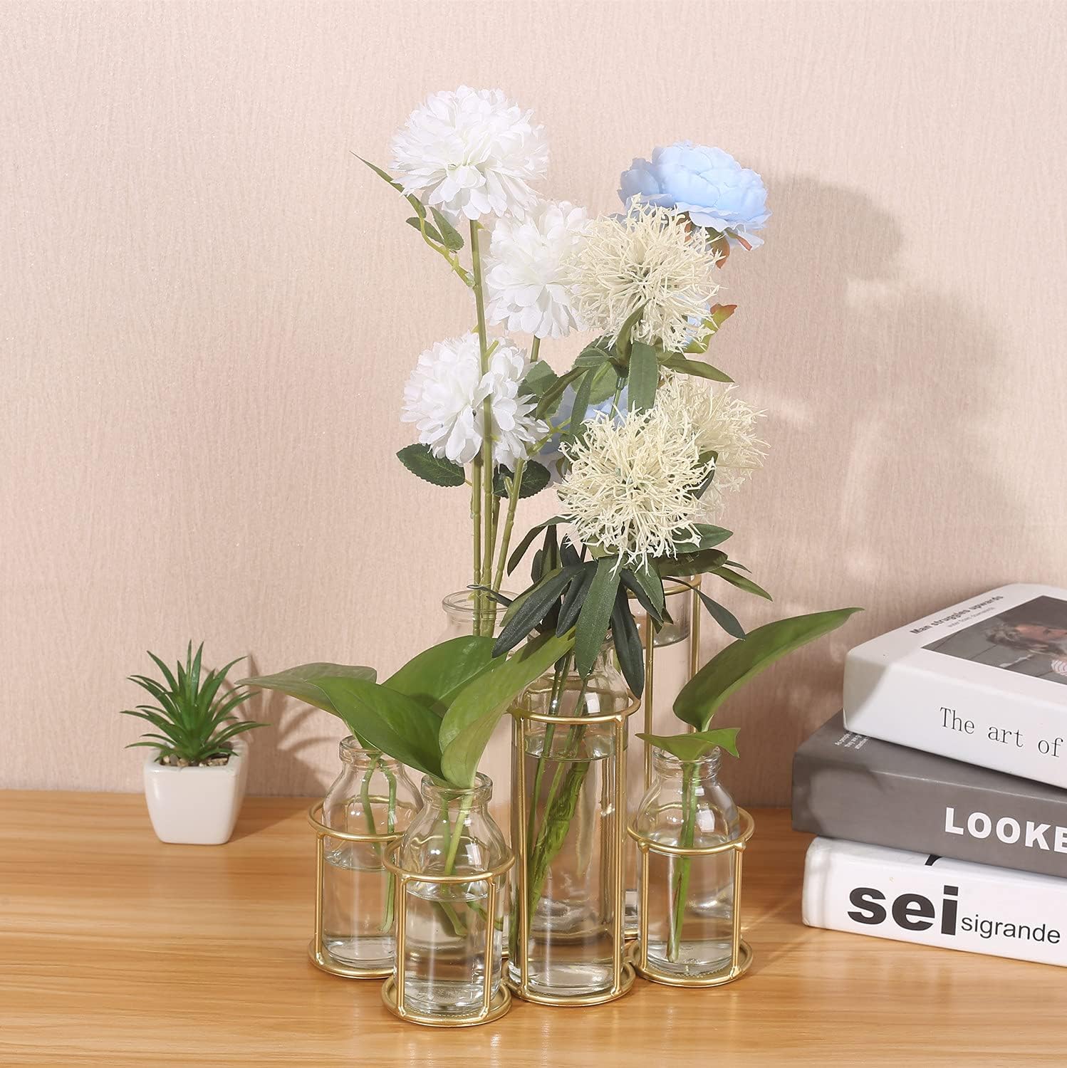 Flower Vases with 6 Bottle Crystal Clear Glass Flower Vase with Metal Stand Propagation Station Plant Display Holder
