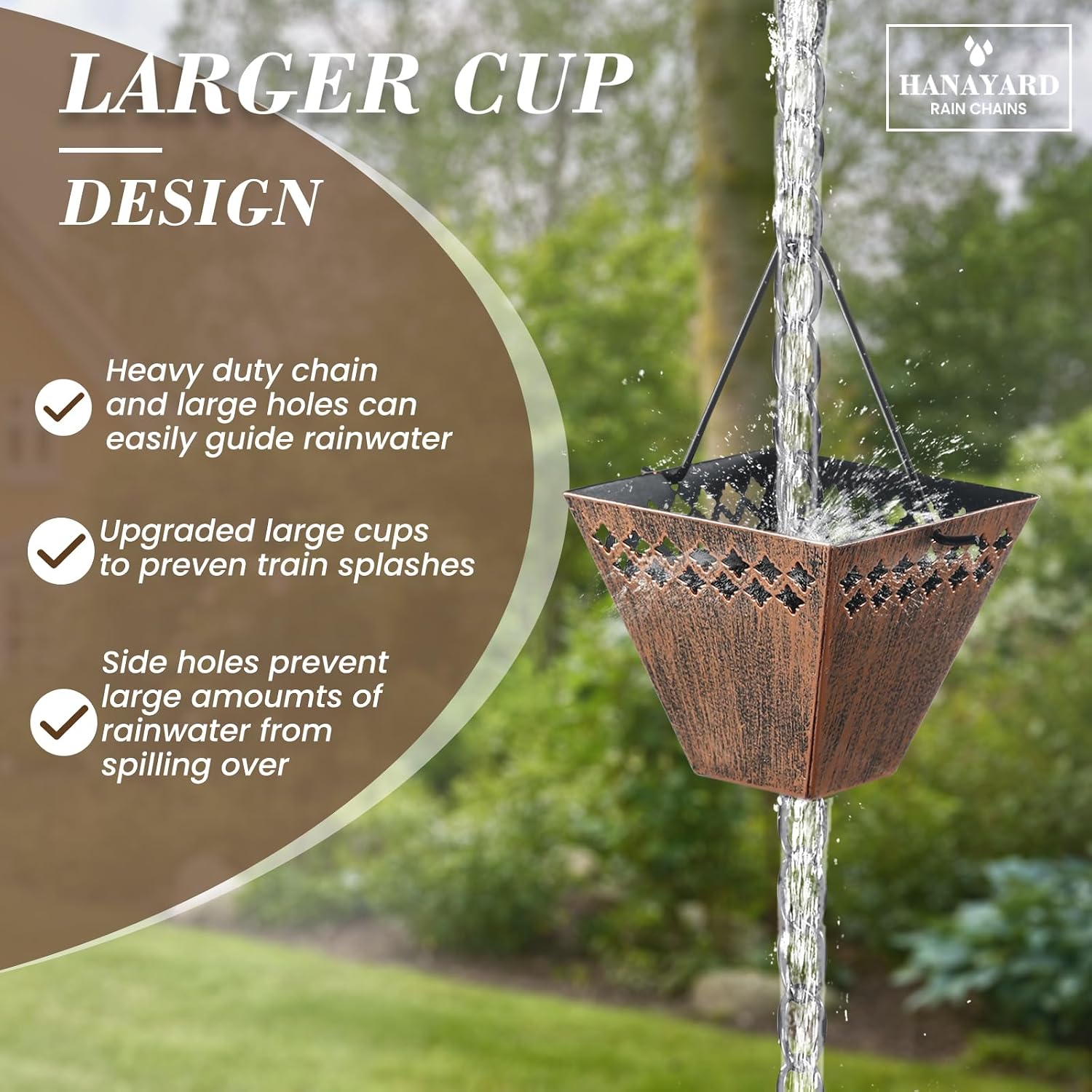 Square Rain Chain Gutter Downspout Copper Rain Chains for Gutters with 12 Cups, Adjustable Rain Catcher Chain with Bell