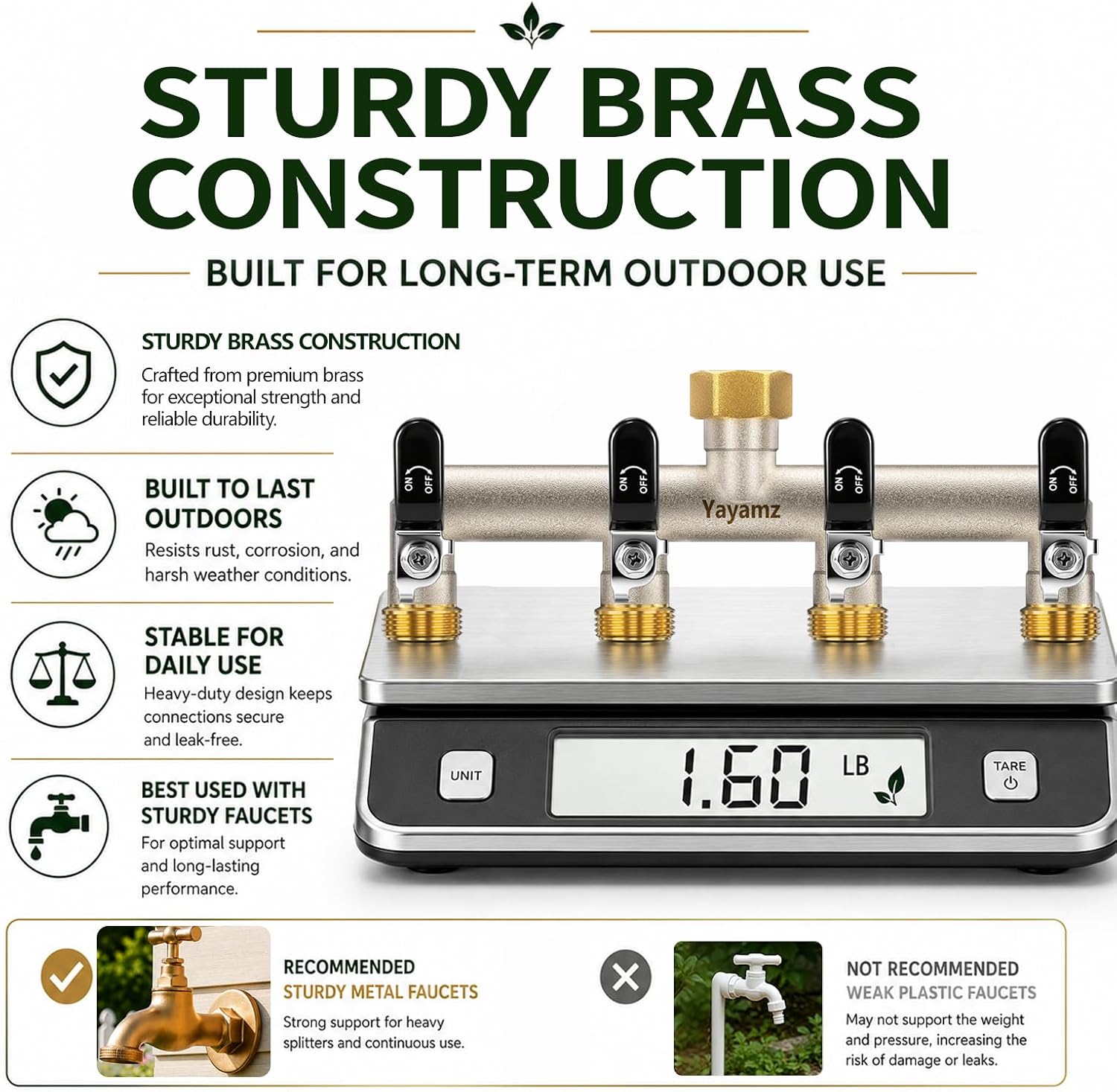4 Way Garden Hose Splitter, 3/4" GHT Outdoor Faucet Splitter | Heavy-duty Solid Brass Body, Wide Spacing Fits Large