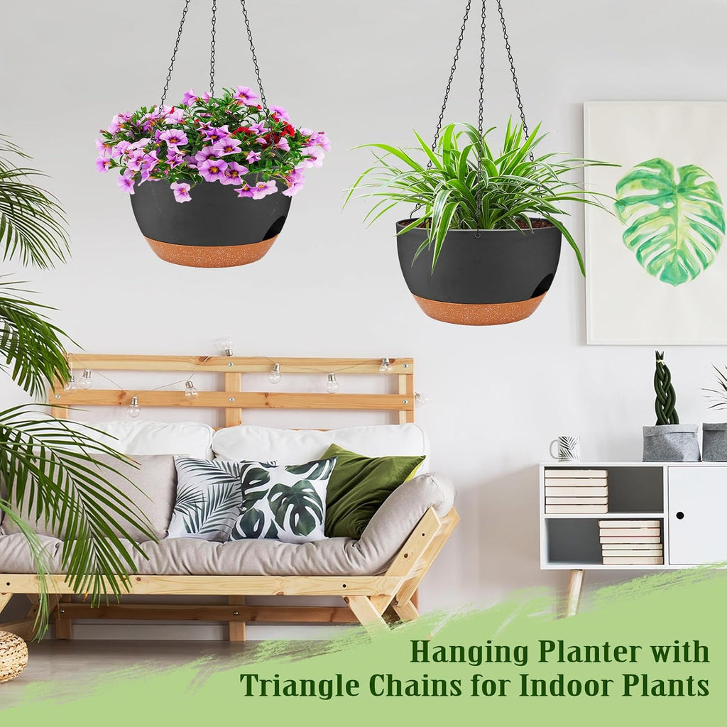12 Inch Self Watering Hanging Planters with Removable Reservoir, 2 Pack | Drainage Holes, Metal Chain, for