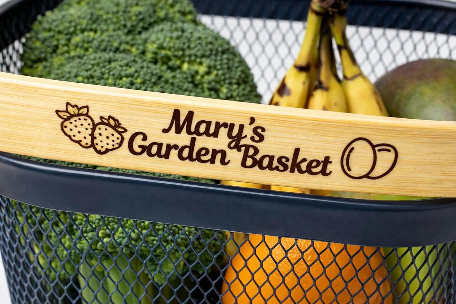 Garden Harvest Basket Dark Mesh Vegetable Hod with Bamboo Handle – Personalized Garden Basket for Harvesting Fruits