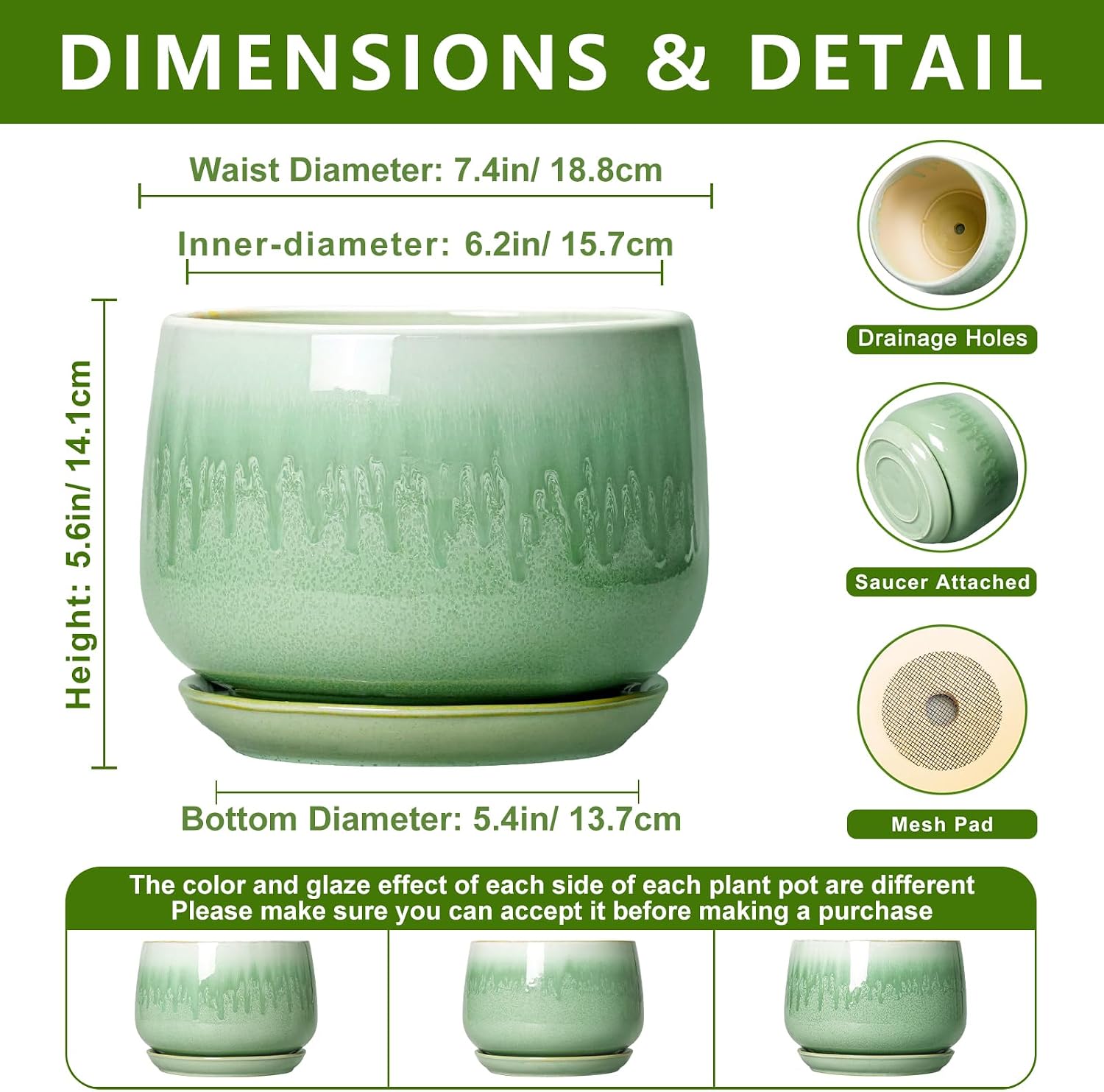 Ceramic Pots for Plants - 7 Inch Planters for Indoor Plants, Round Ceramic Plant Pot with Drainage Hole and Saucer