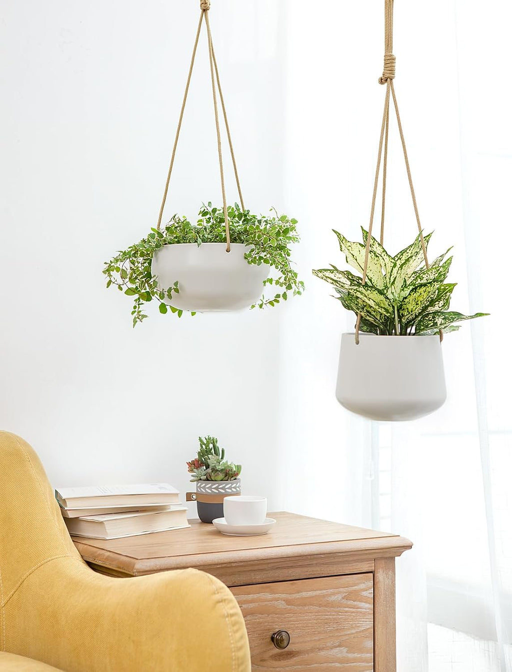 Mkono Ceramic Hanging Planters for Indoor Plants, 8" Shallow & 6" Deep 2Pcs | Modern Minimalist Plant Pots, Geometric
