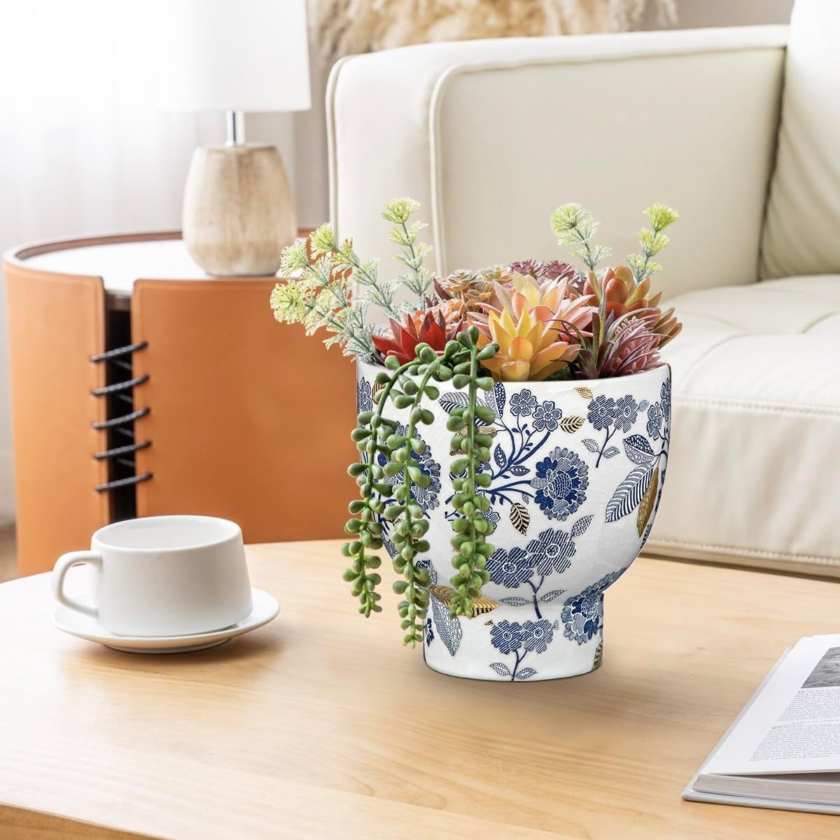 5.5'' Blue and White Ceramic Planter Pot with Drainage for Plants Flowers | Vintage Planter Large Ceramic Plants Pot