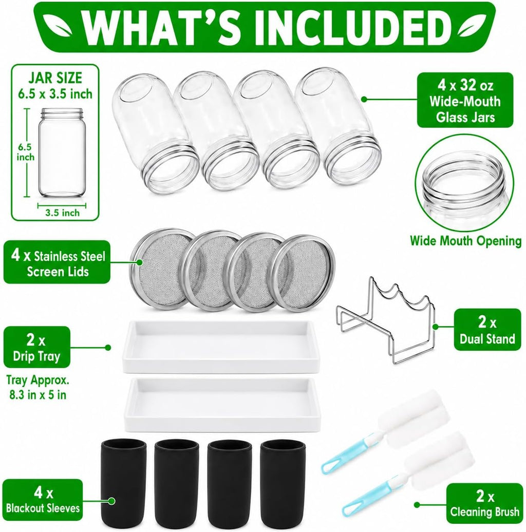4 Pack Seed Sprouter Jars, 32 oz Wide Mouth Mason Jar Kit | Stainless Steel Mesh Lids, Drip Tray, Blackout Sleeves And