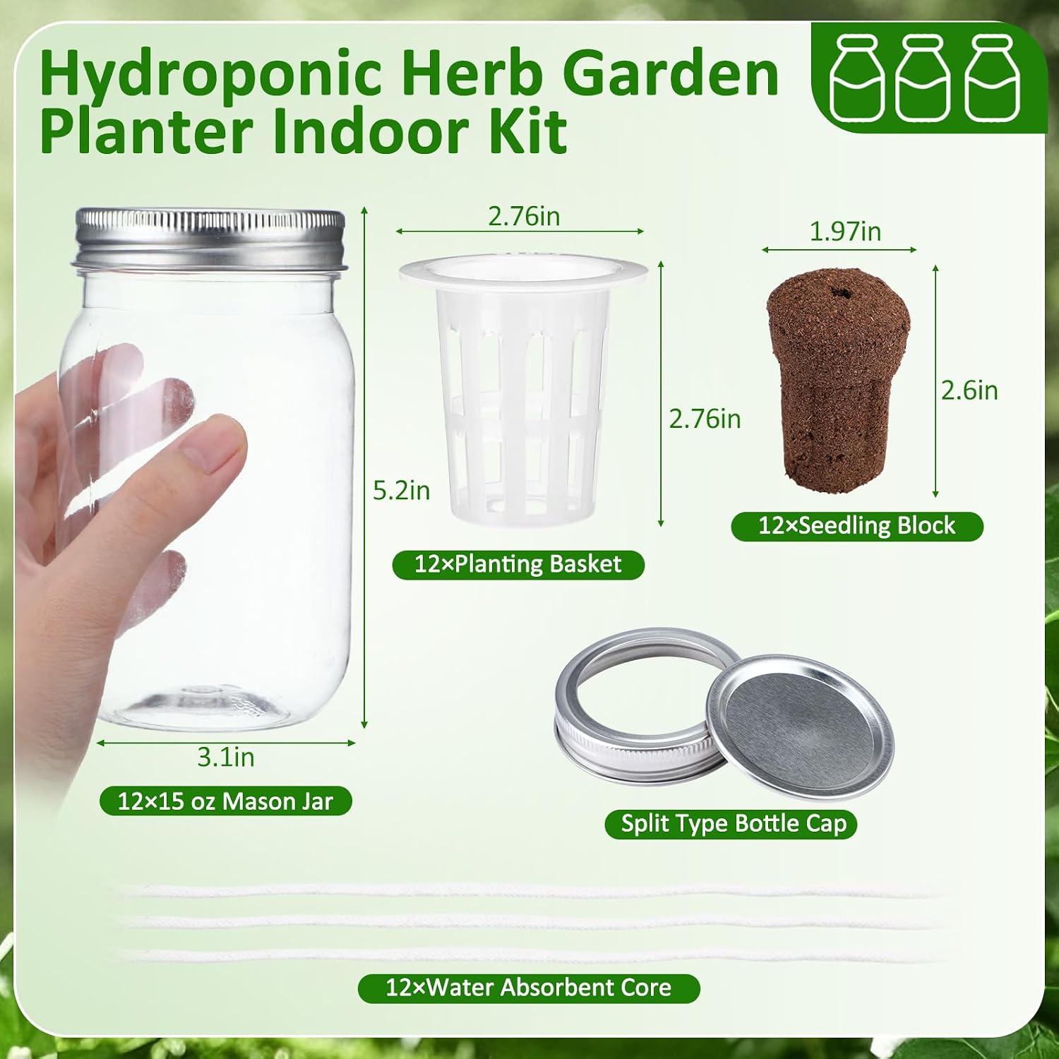 Teenyyou 12 Set Hydroponic Garden Mason Jar Kit Self Watering Herb Hydroponic Planter Starter Kit with Net Pot Garden