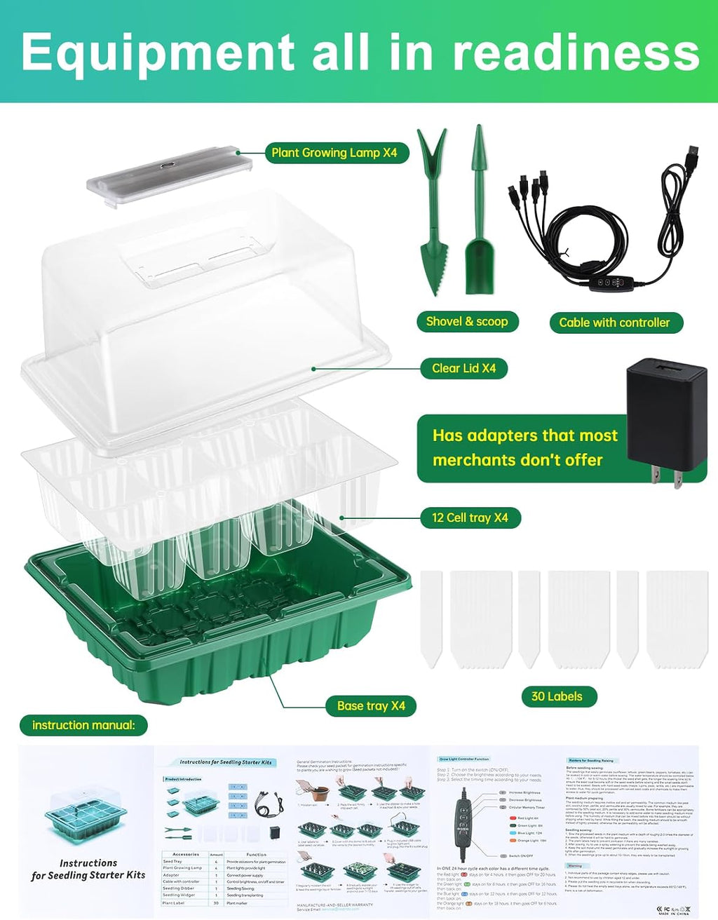 3-Pack Seed Starter Trays with Heat Mat, Seed Starter Kit with Grow Lights, 36 Large Cells Seed Germination Kit with