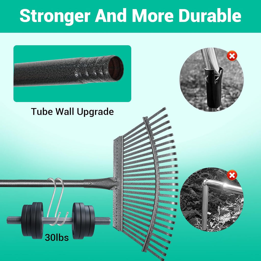 Adjustable Garden Rake for Leaves 36-73" Long Handle, 18" Wide, Heavy Duty with 25 Metal Tines ，Includes 32Gallon Leaf