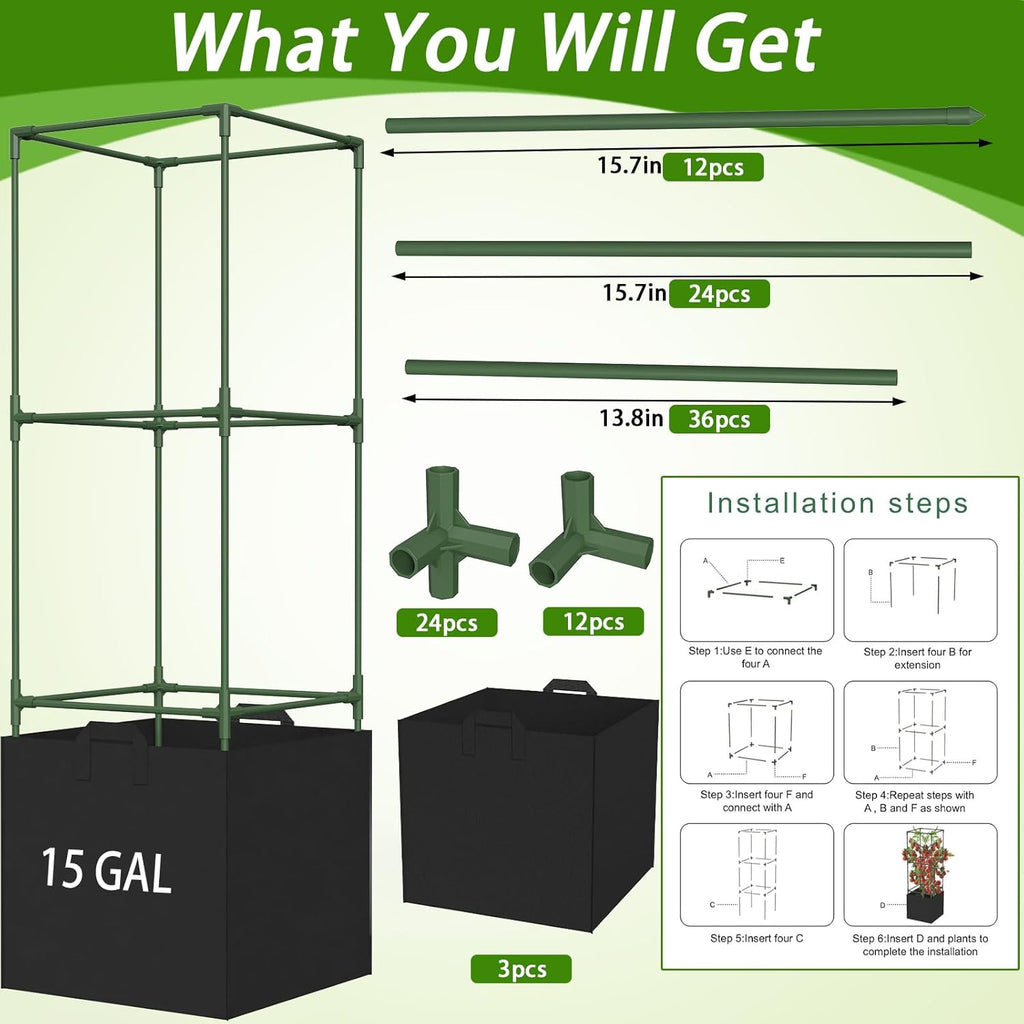 Tomato Cages for Garden, Tomato Planter with Trellis, 48in Tall Square Tomato Trellis with 18 Gallon Grow Bags, Patio &