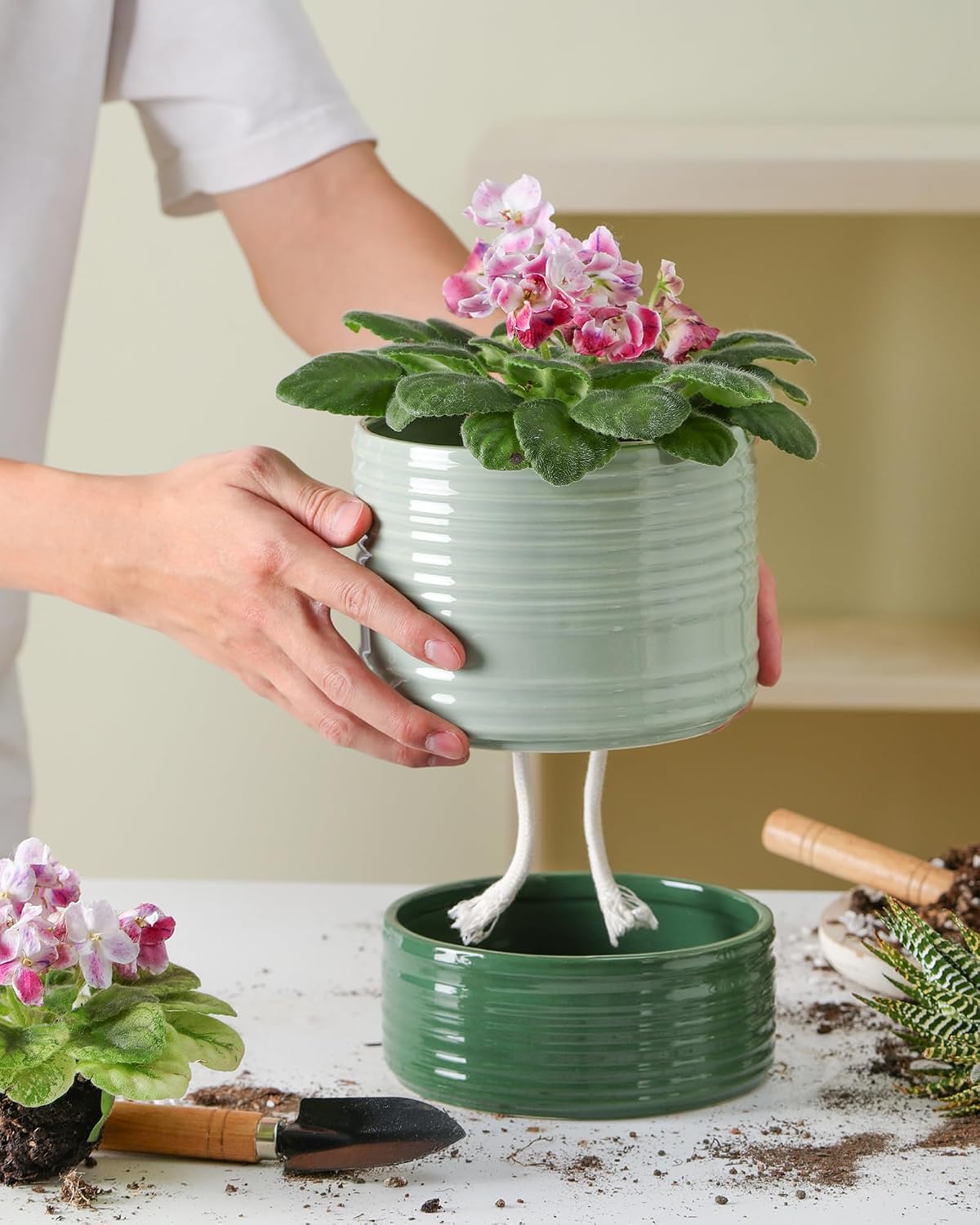 Fayoula Self Watering Pots for Indoor Plants, 6 Inch Ceramic Self Watering Plant Pot, Planter Pot with Wick Rope and