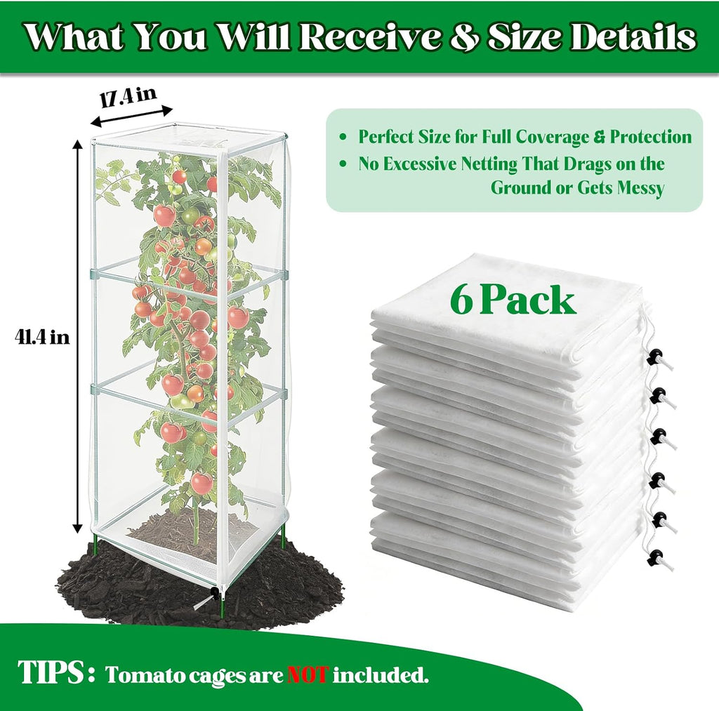 6 Pack Tomato Cage Netting Covers for Square Tomato Cages, 41.4" × 17.4" Fine Mesh Garden Netting with Easy-Access