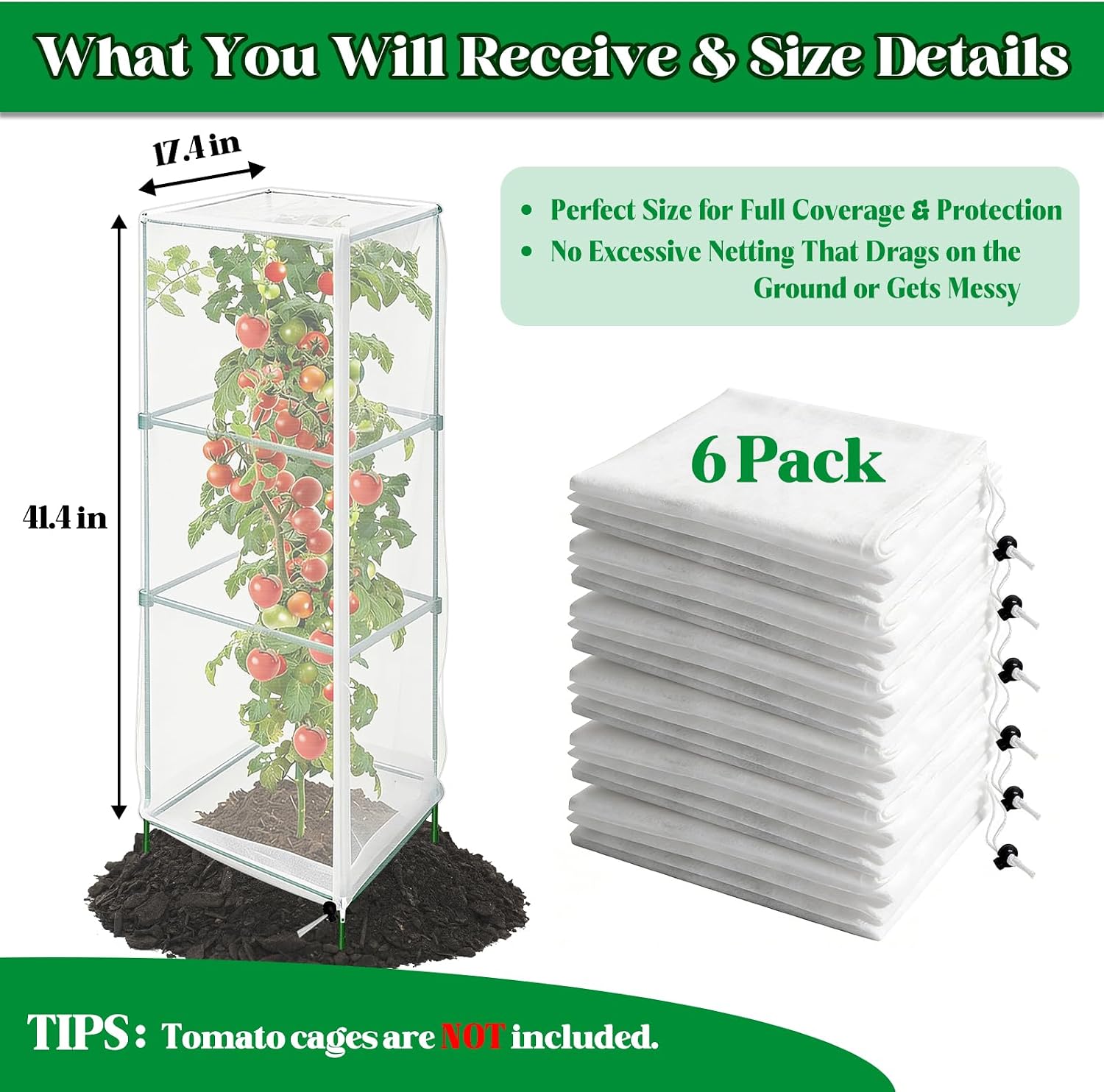 6 Pack Tomato Cage Netting Covers for Square Tomato Cages, 41.4" × 17.4" Fine Mesh Garden Netting with Easy-Access