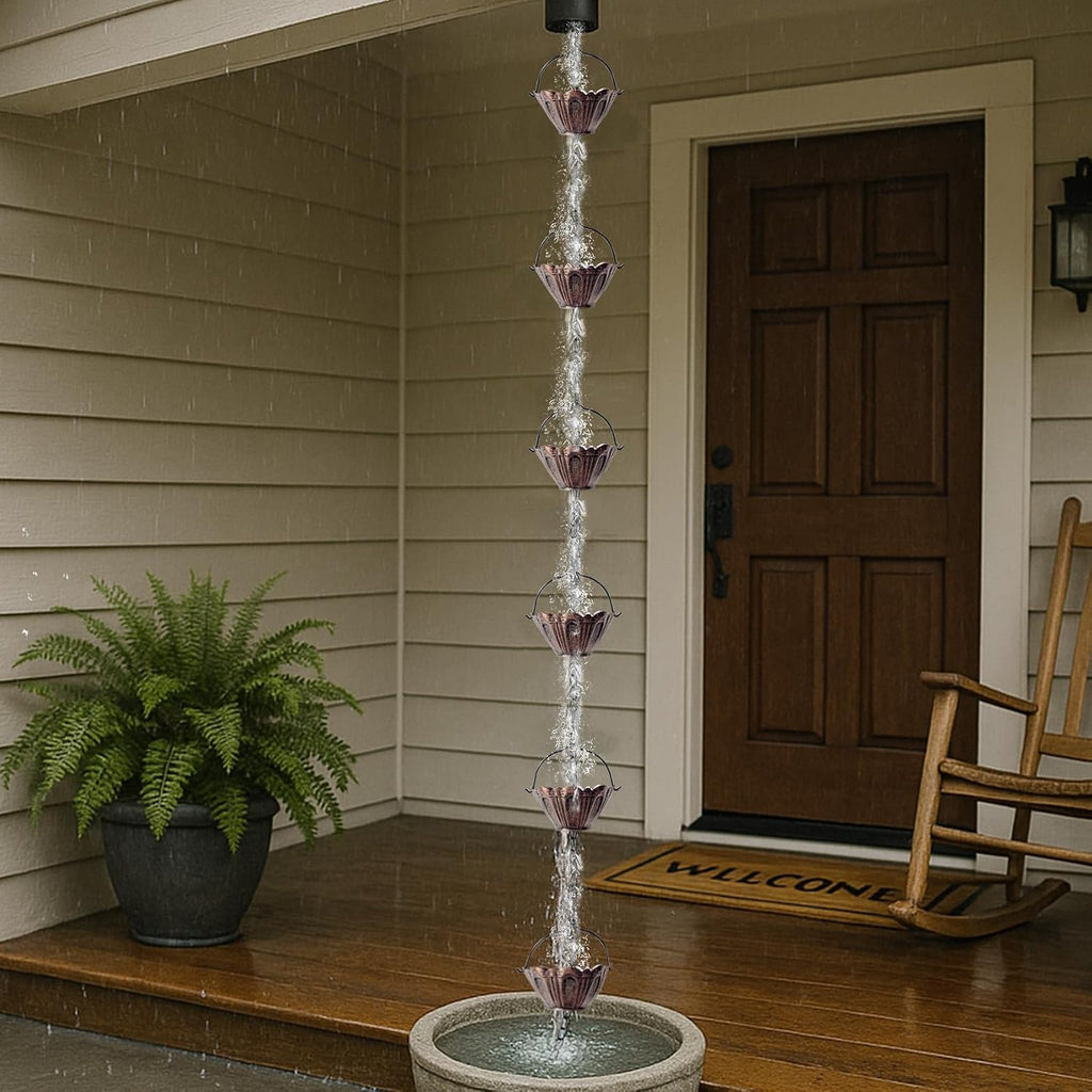 Copper Lotus Rain Chain for Gutters, 8.7 FT Decorative Downspout | Handcrafted Finish, 12 Lotus Cups, Smooth Water