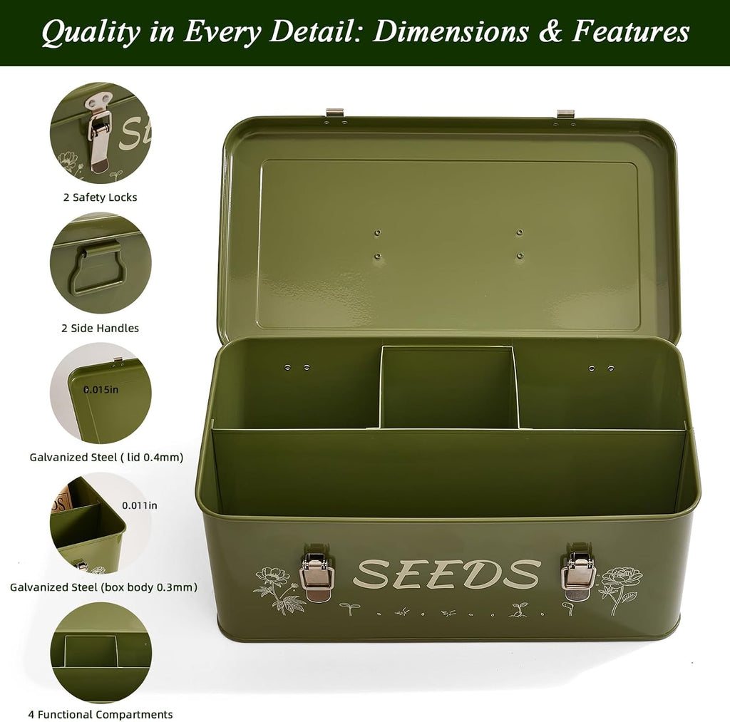 VerdantVibes Metal Seed Storage Organizer Box - Large Galvanized Seed Bin with 50 Vials, 50 Envelopes, Dividers &