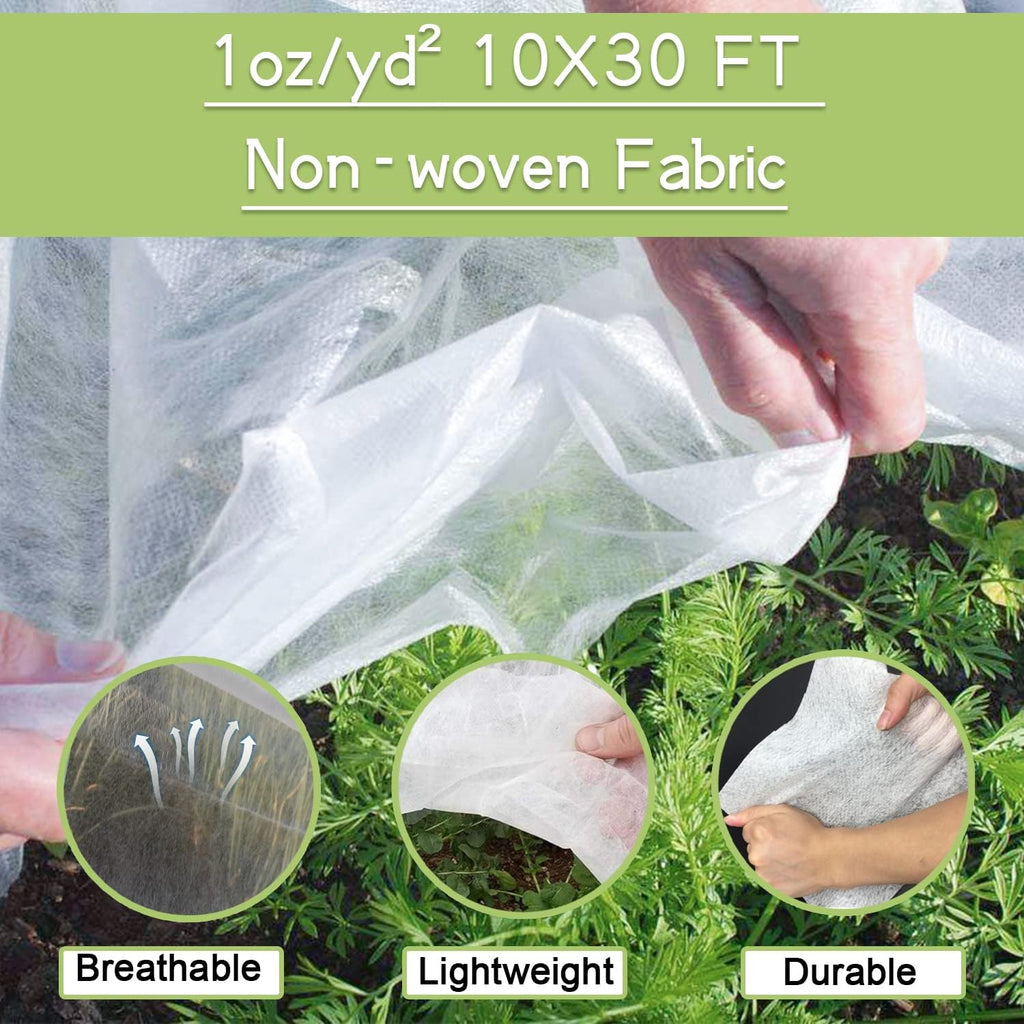 Plant Covers Freeze Protection Kit, 10 x 30Ft Frost Cloth and 6Pcs Fiberglass Garden Hoops 1oz/yd² Floating Row Cover