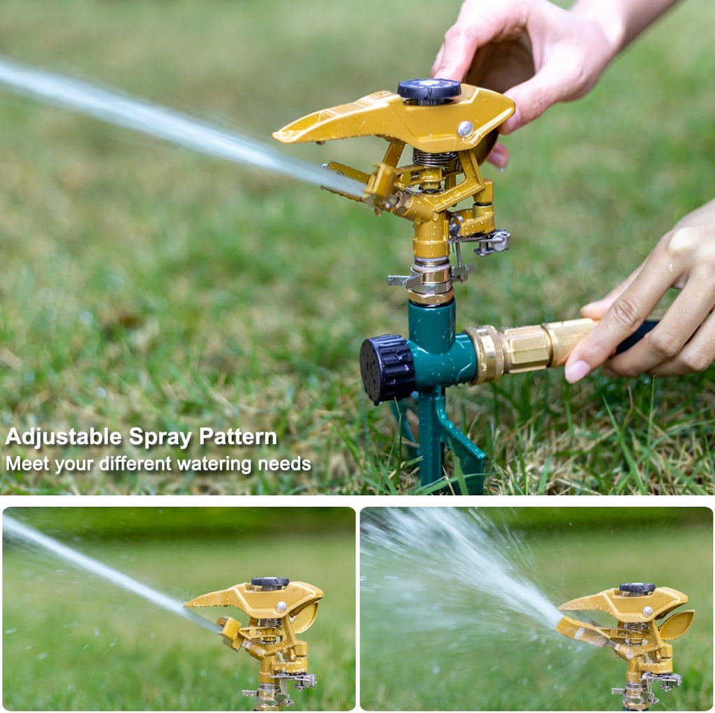 FANHAO Heavy Duty Pulsating Impact Sprinkler on Spike Base, 100% Metal Impact Sprinkler with 360° Adjustable Spray