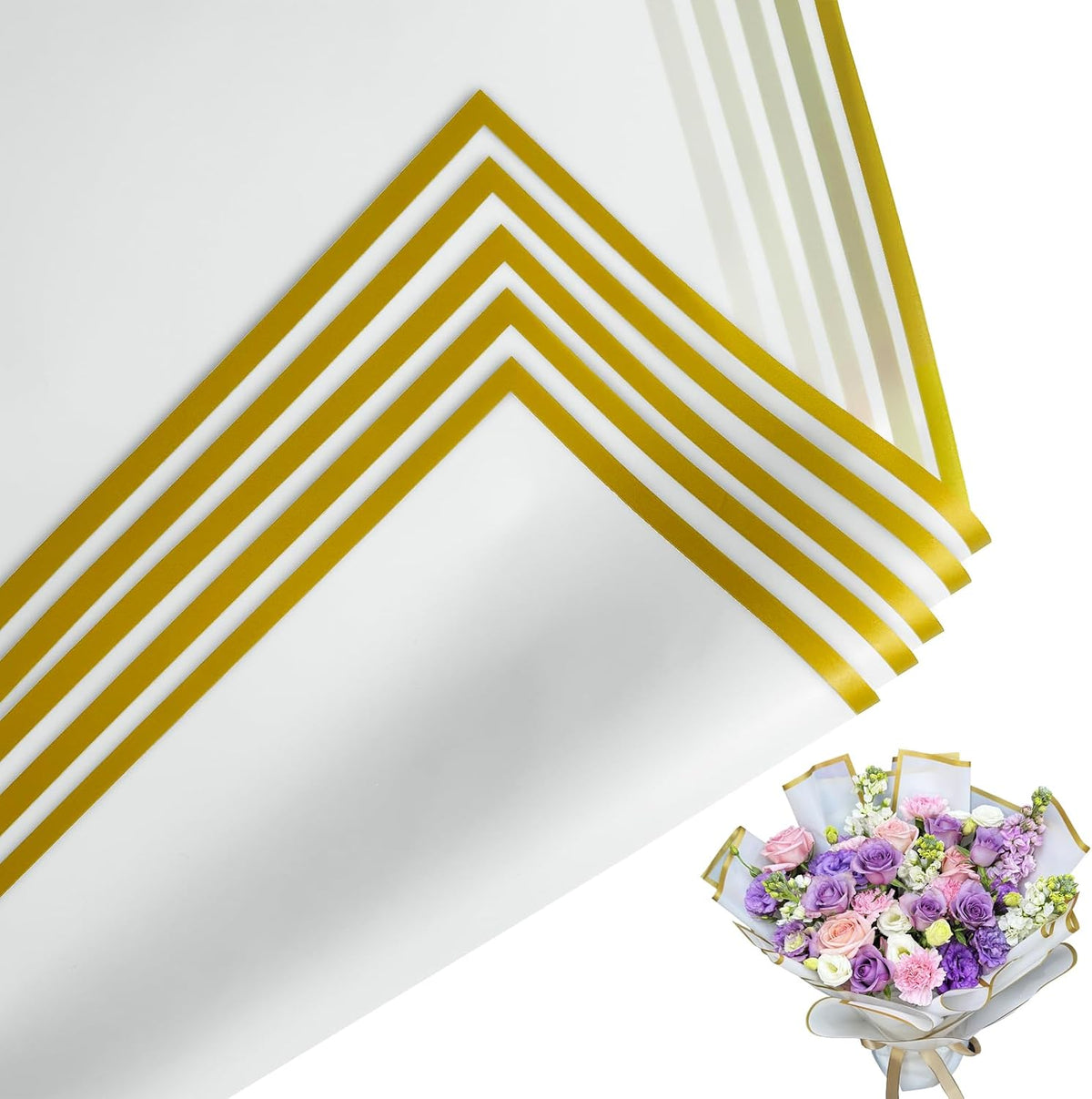 Duyasurs 20 Sheets Floral Wrapping Paper, Waterproof Bouquet Wrapping, 22.8x22.8IN, Florist Supplies Packaging Paper, DIY Gift Box, Wedding & Birthday Gifts, Gold Edge(White)