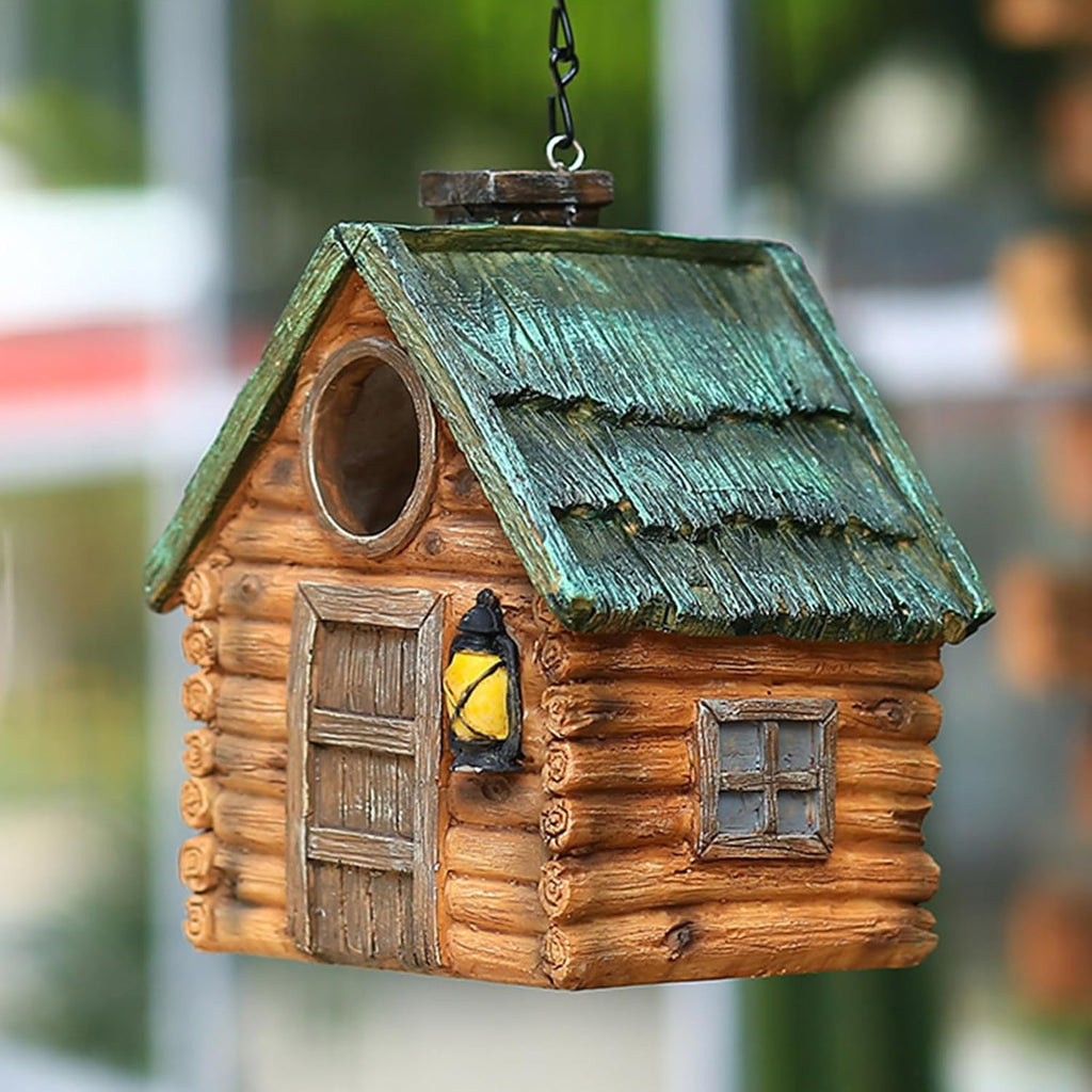 Bird Houses for Outside Real Wood-Look Resin Bird House with Hanging Chain – Waterproof & Durable Forest Birdhouses for