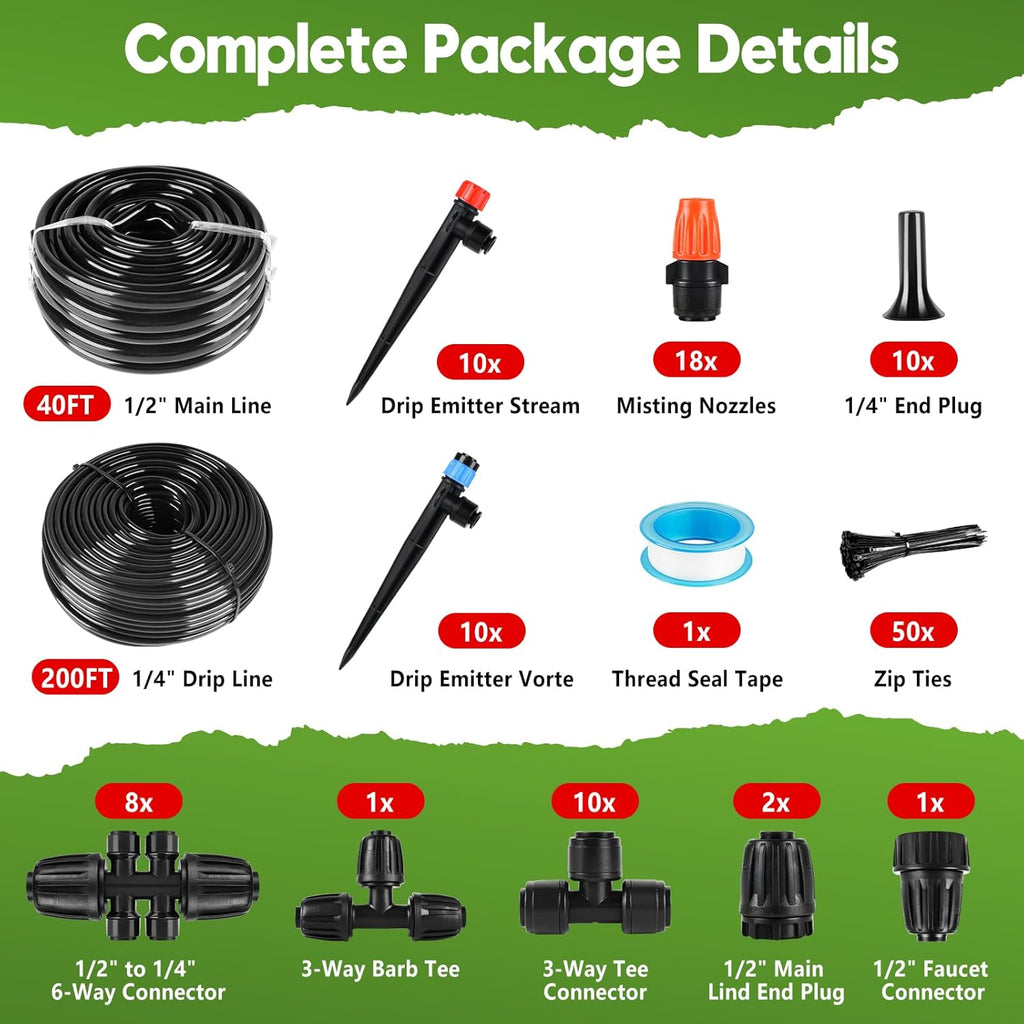 240FT Drip Irrigation System for Garden, 2026 Upgraded Quick-Connect Automatic Garden Watering System with 1/2" & 1/4"