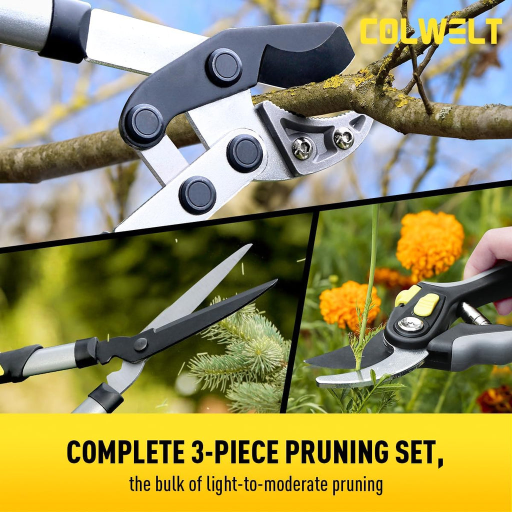 Colwelt Garden Shears Set 3Pc, 17’’ Hedge Shears Loppers for Gardening Tool | Compact 17in Branch Cutter Set, Hedge